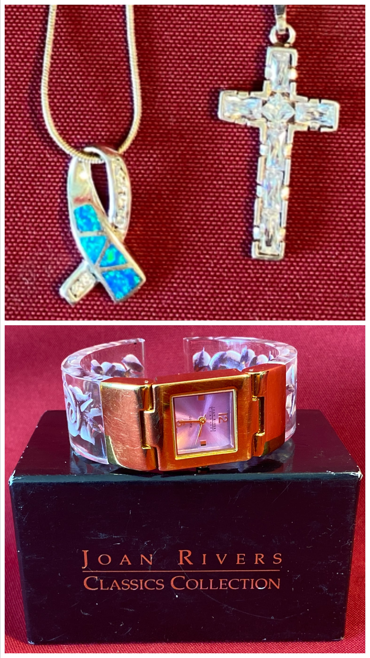 Assorted Jewelry - Two Sterling Silver Pendants on Sterling Chains - Cultured Opal Ribbon & Cross (1 of 11)