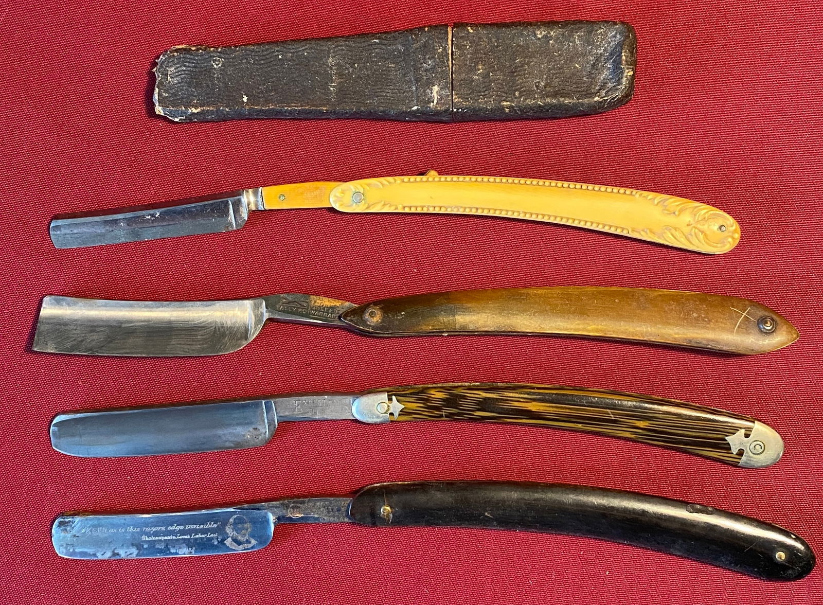 Four Straight Razors - One in Coffin Style Case - George Butler & Co., Expert Barber Blue Steel,: Four Straight Razors - One in Coffin Style Case - George Butler & Co., Expert Barber Blue Steel, Silver King, Etc.