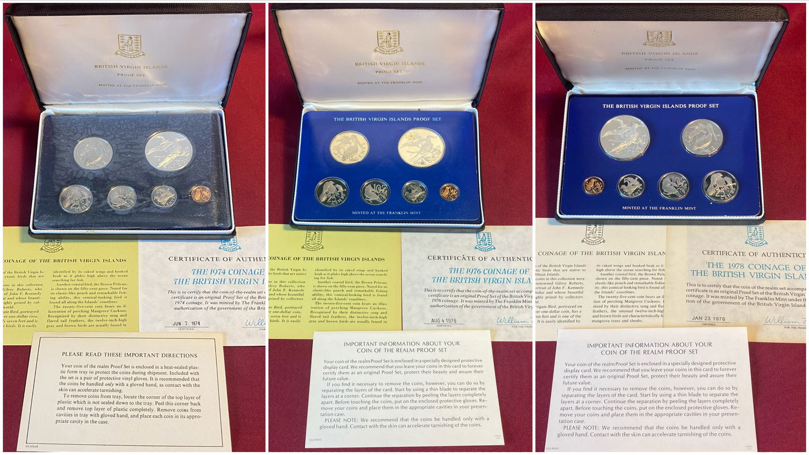 Three British Virgin Islands Proof Coin Set 1974, 1976, 1978 - Each Including Silver Dollar - (1 of 10)