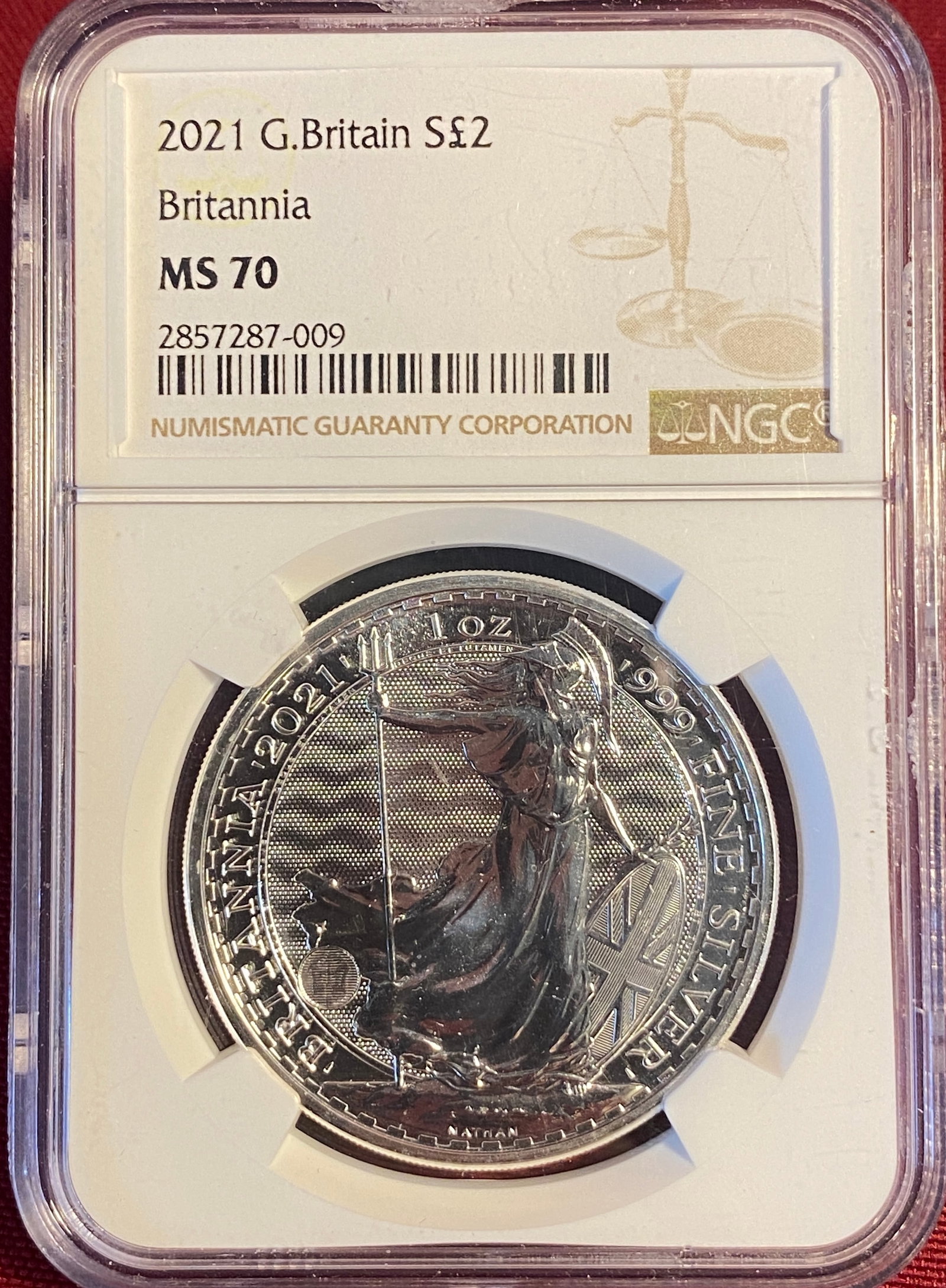 Graded 2021 One Ounce .999 Fine Silver 2 Pound Britannia - MS70 by NGC: Graded 2021 One Ounce .999 Fine Silver 2 Pound Britannia - MS70 by NGC