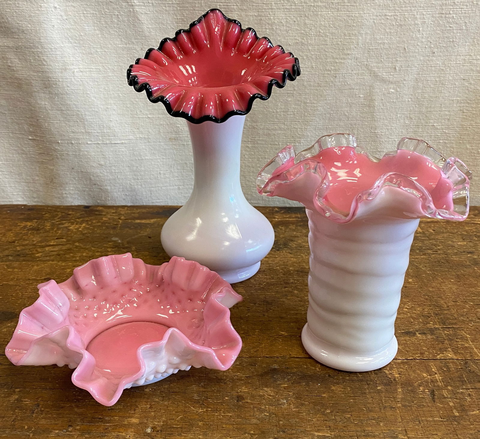 Three Pieces Fenton or Fenton Like Glass - Milk Glass - Fenton 'Rose Crest', Hobnail, Etc. (1 of 5)