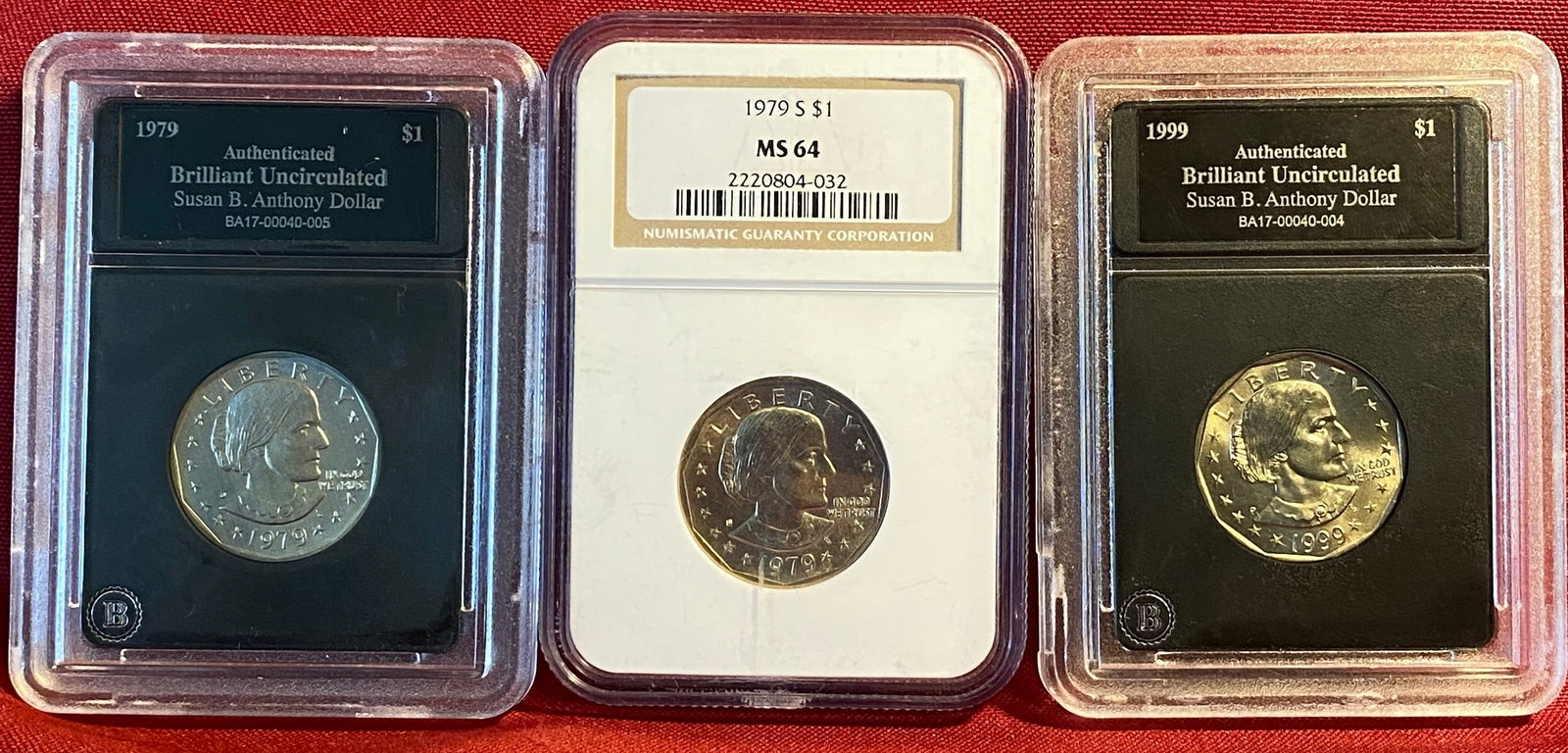 Three Susan B Anthony Dollar Coins - Graded 1979-S MS64 by NGC - 1979 & 1999 Brilliant Uncirculated: Three Susan B Anthony Dollar Coins - Graded 1979-S MS64 by NGC - 1979 & 1999 Brilliant Uncirculated