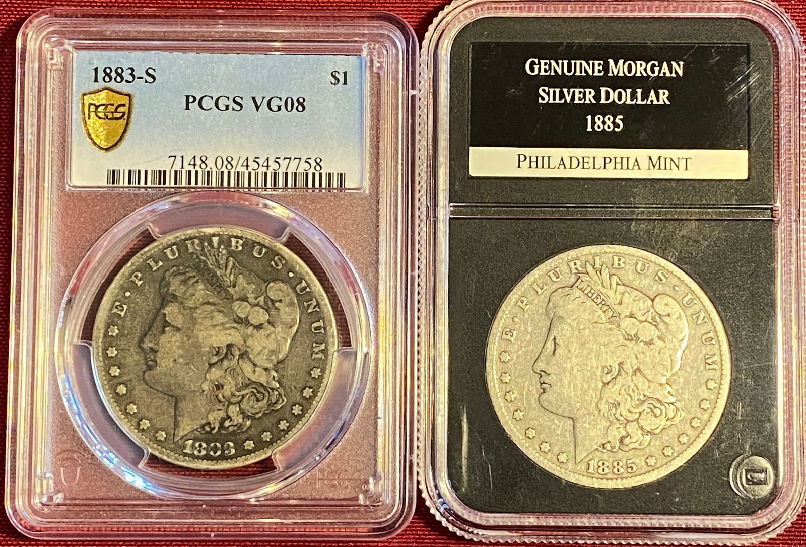 Two Morgan Silver Dollars - 1883-S VG08 by PCGS and 1885 Genuine Cased (1 of 7)