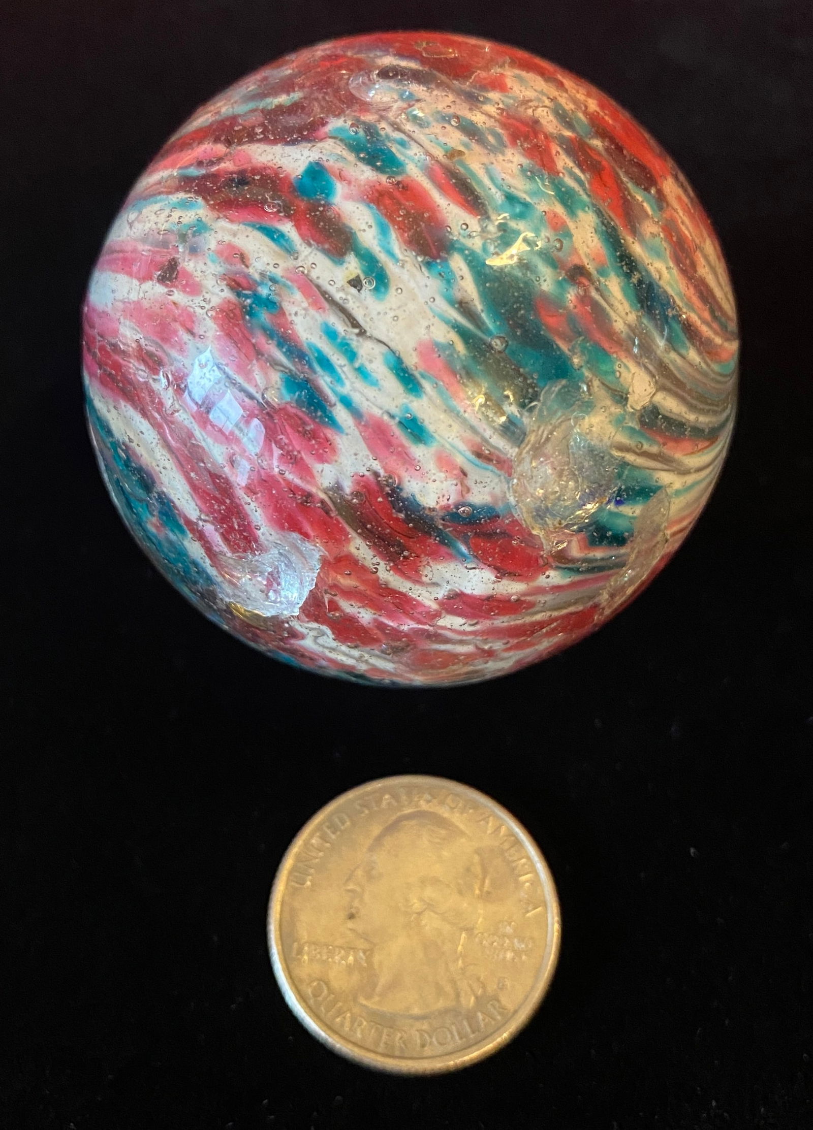 Large 2 Inch Antique German Onionskin Marble - Red, White, and Aqua Blue Colors - Some Chips and (1 of 8)