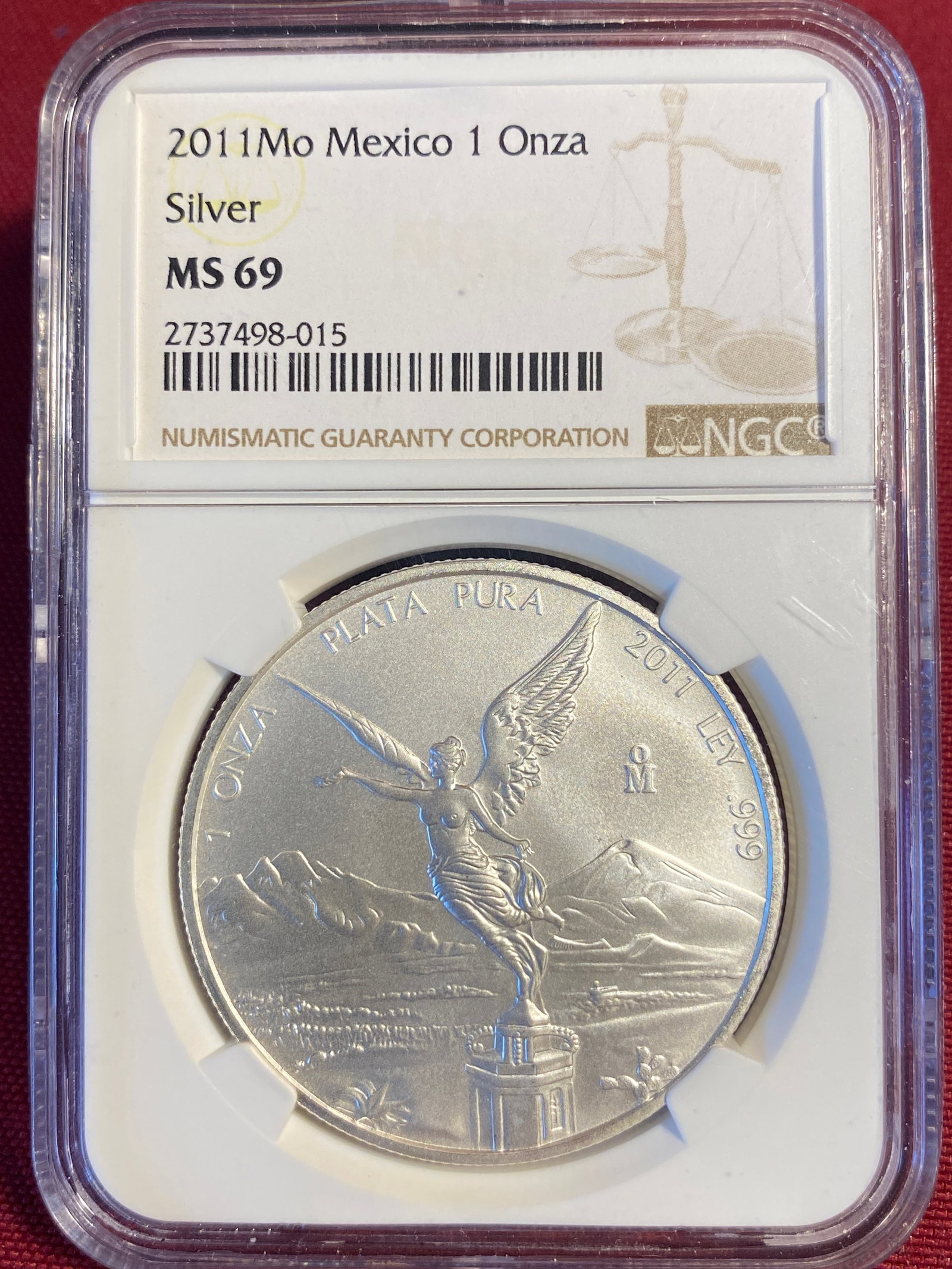 Graded 2011 One Ounce .999 Fine Silver Mexico Libertad - MS69 by NGC: Graded 2011 One Ounce .999 Fine Silver Mexico Libertad - MS69 by NGC