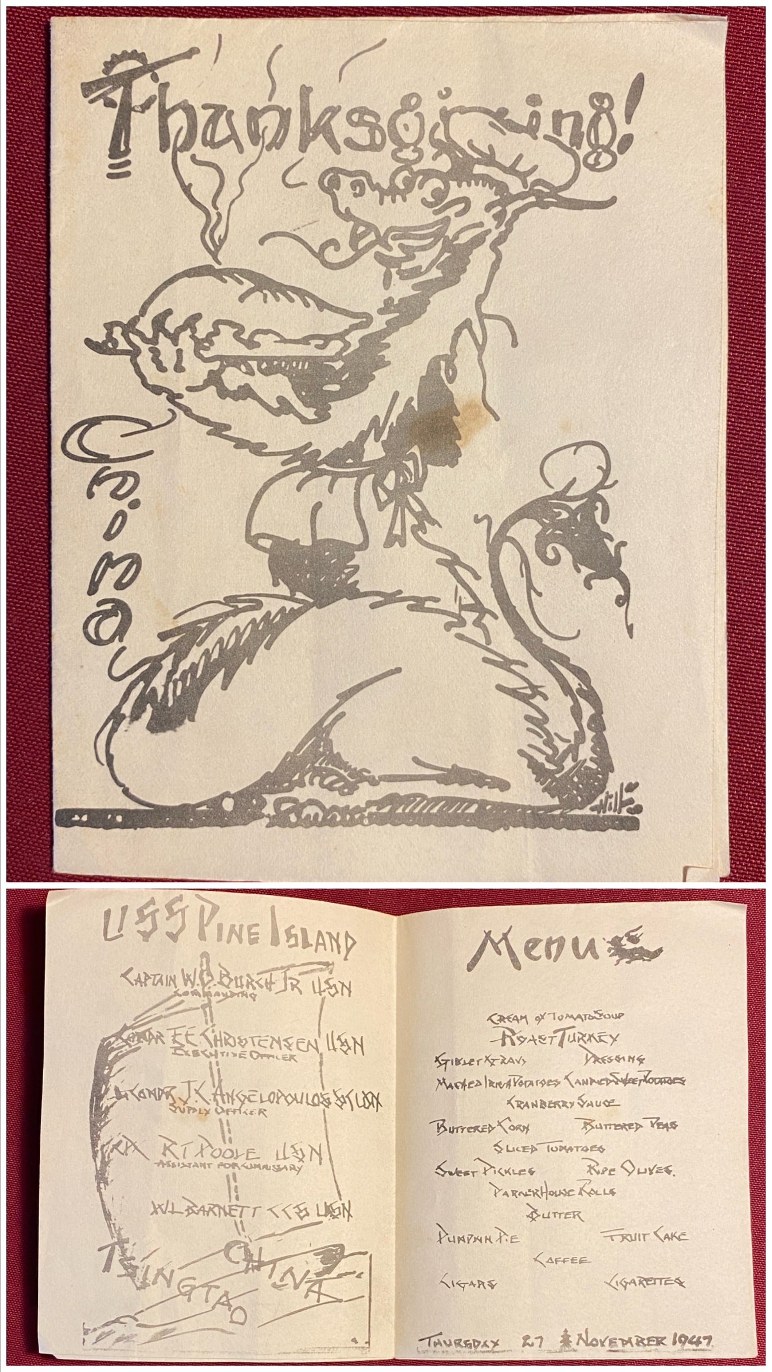 November 1947 Thanksgiving Military U.S.S. Pine Island China Menu: November 1947 Thanksgiving Military U.S.S. Pine Island China Menu