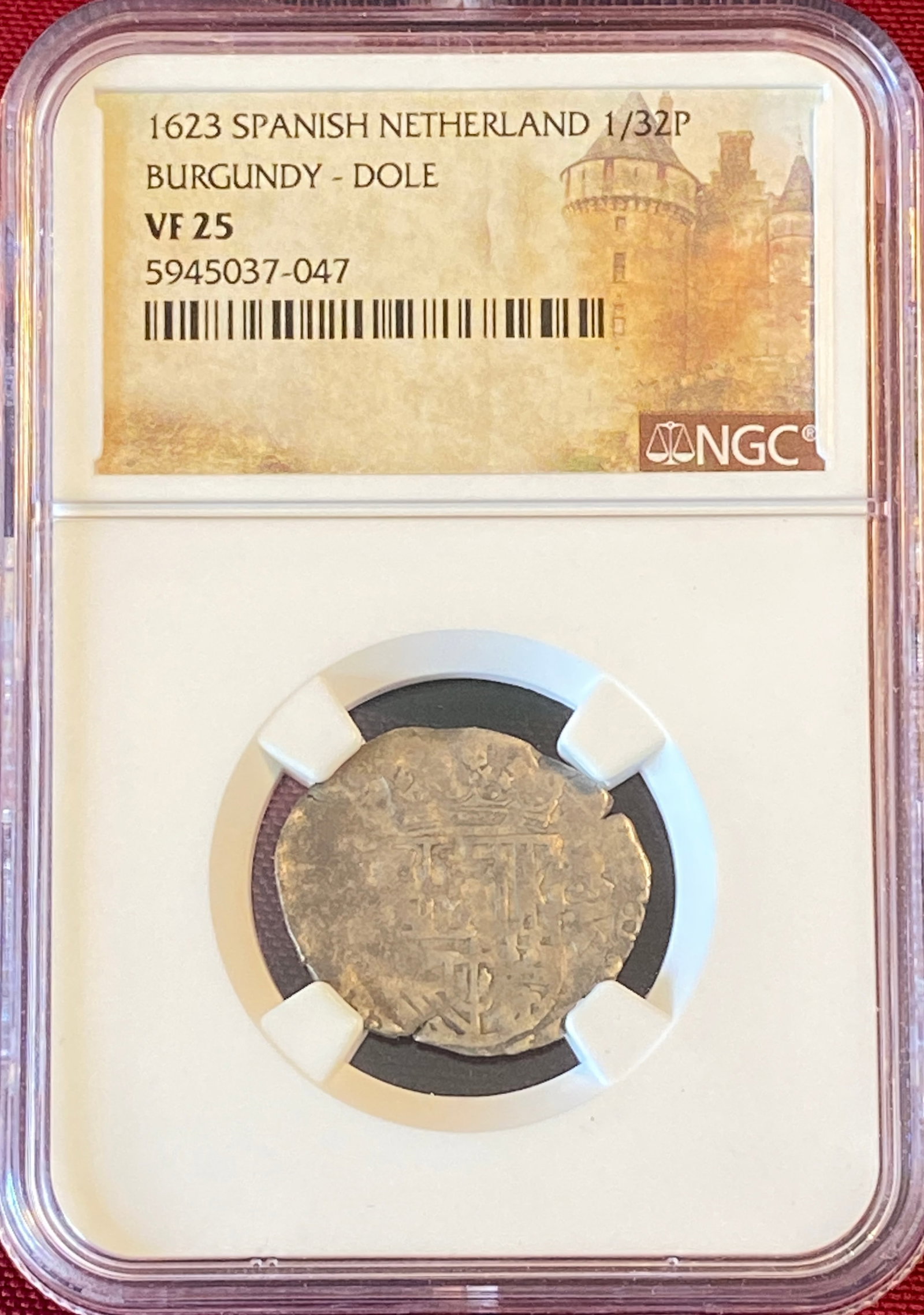 Graded 1623 Spanish Netherland 1/32P Coin - Burgundy Dole - VF25 by NGC: Graded 1623 Spanish Netherland 1/32P Coin - Burgundy Dole - VF25 by NGC