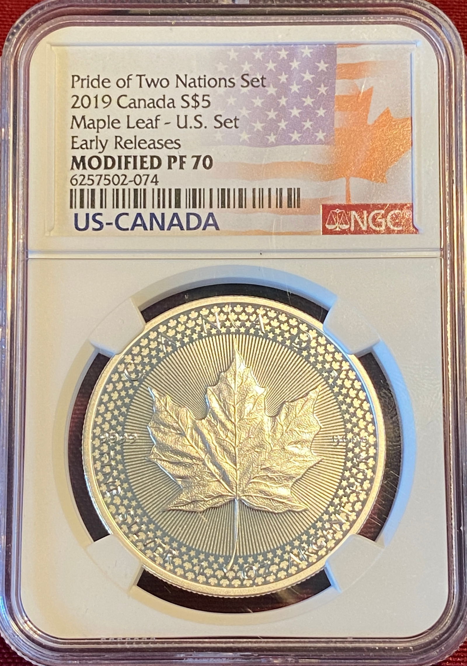 Graded 2019 Canadian One Ounce .999 Fine Silver $5 Maple Leaf - U.S. Pride of Two Nations Set 1 of 2 (1 of 3)