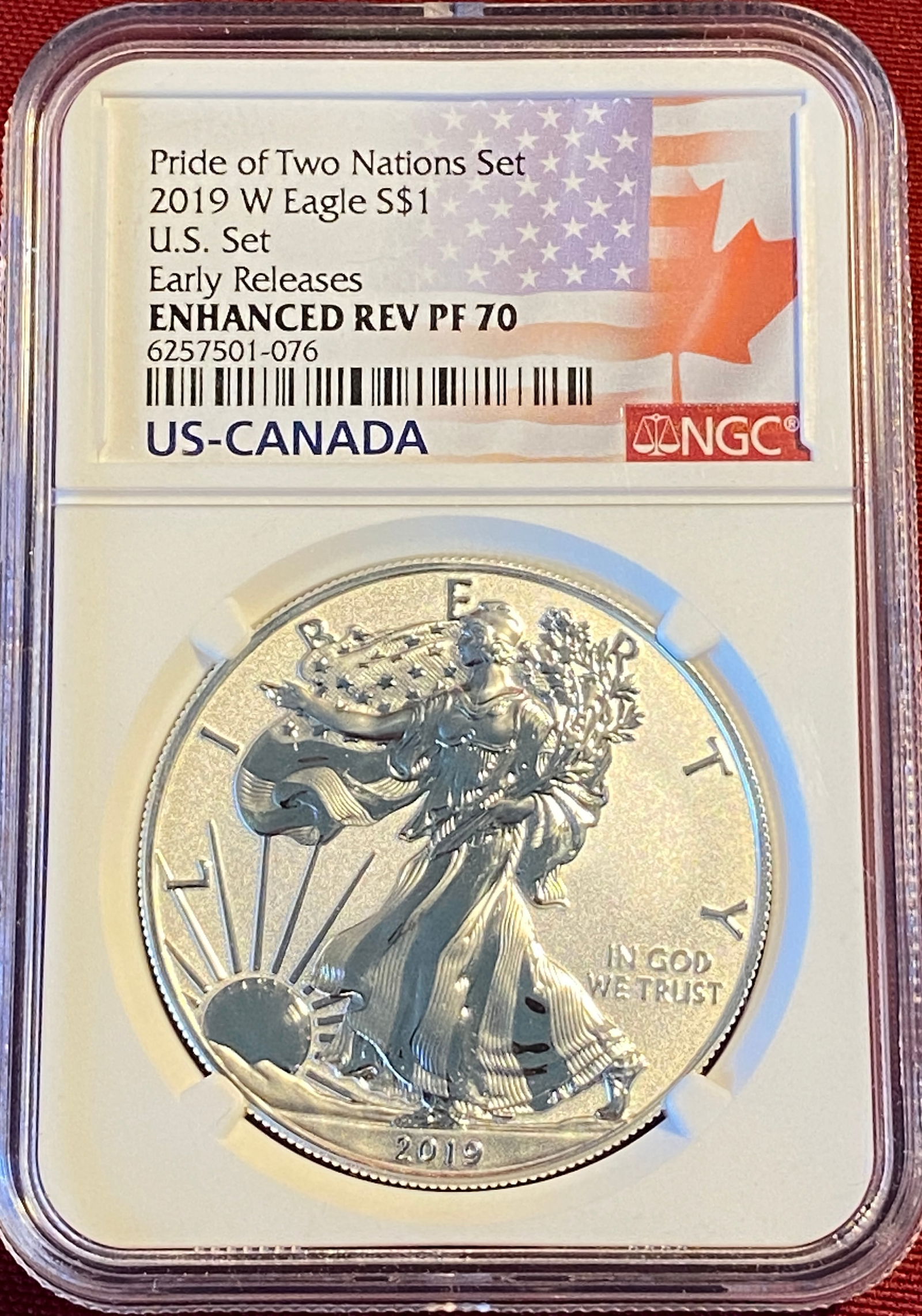 Graded 2019-W One Ounce .999 Fine Silver Eagle - U.S. Pride of Two Nations Set 2 of 2 - Enhanced (1 of 3)