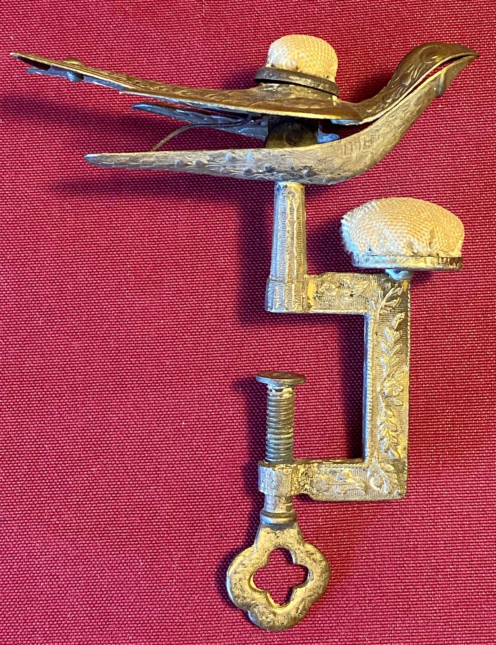 Antique Ornate Sewing Bird - Brass with Clasp, Pin Cushion, and Bird (1 of 7)