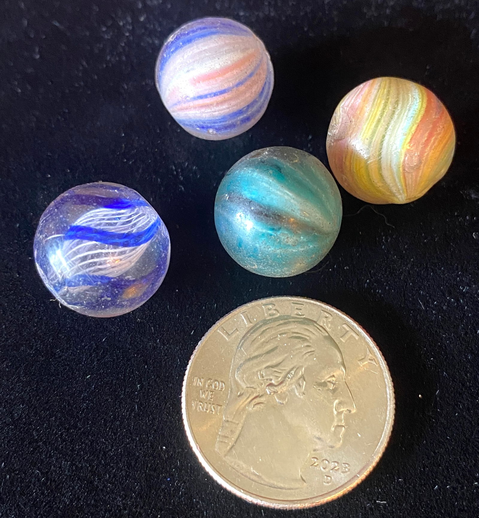 Four Old Glass Marbles - Various Styles - End of Day, Onionskin, Swirl, Etc. - All in Various: Four Old Glass Marbles - Various Styles - End of Day, Onionskin, Swirl, Etc. - All in Various Conditions & Imperfections