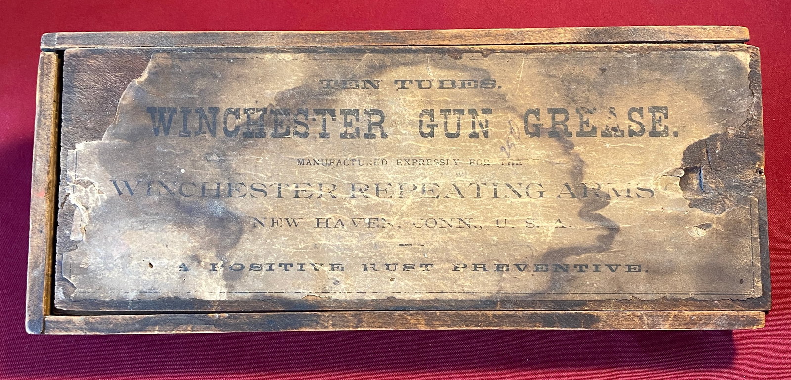 Early Paper Label Winchester Gun Grease Wooden Advertisement Box: Early Paper Label Winchester Gun Grease Wooden Advertisement Box