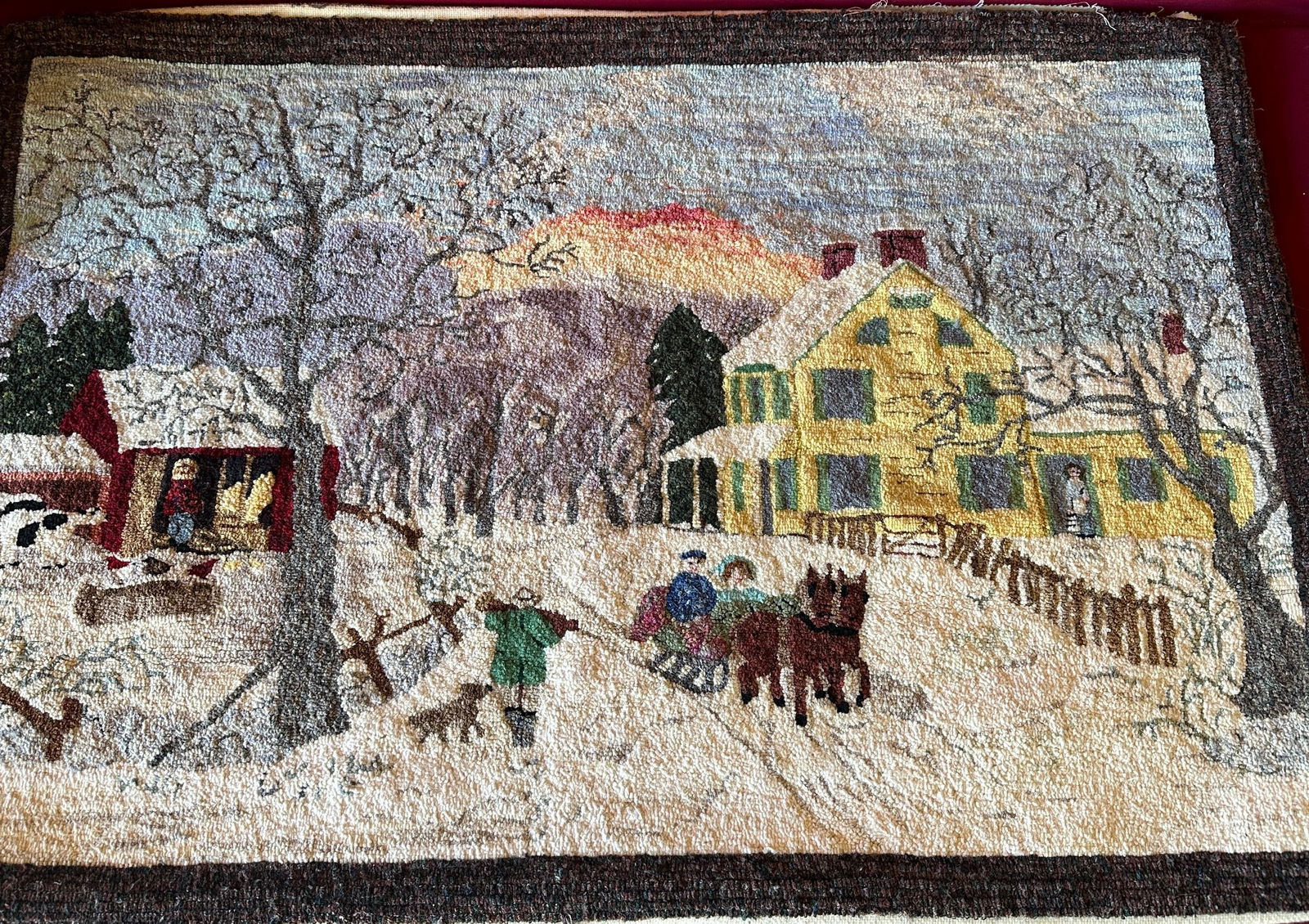 Older Vintage Hooked Rug - Winter Scene of People, Horse & Sleigh, Cows, Home, and Landscape - (1 of 5)