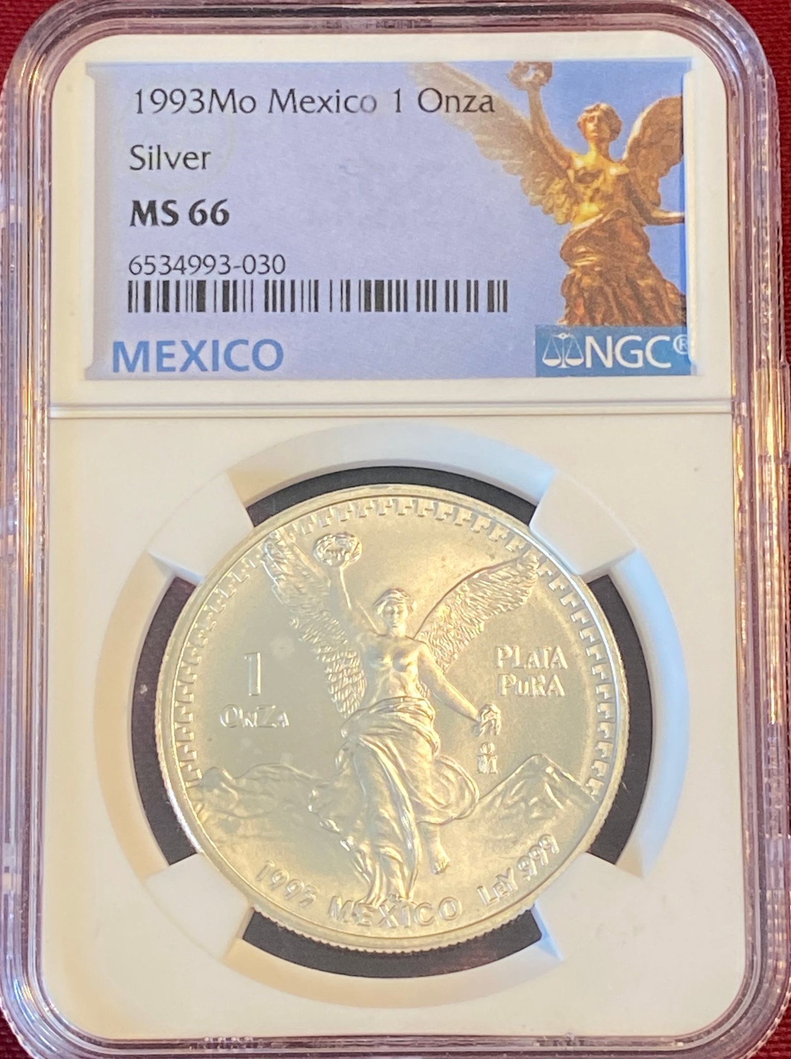 Graded 1993-Mo One Ounce .999 Fine Silver Mexico Libertad - MS66 by NGC: Graded 1993-Mo One Ounce .999 Fine Silver Mexico Libertad - MS66 by NGC