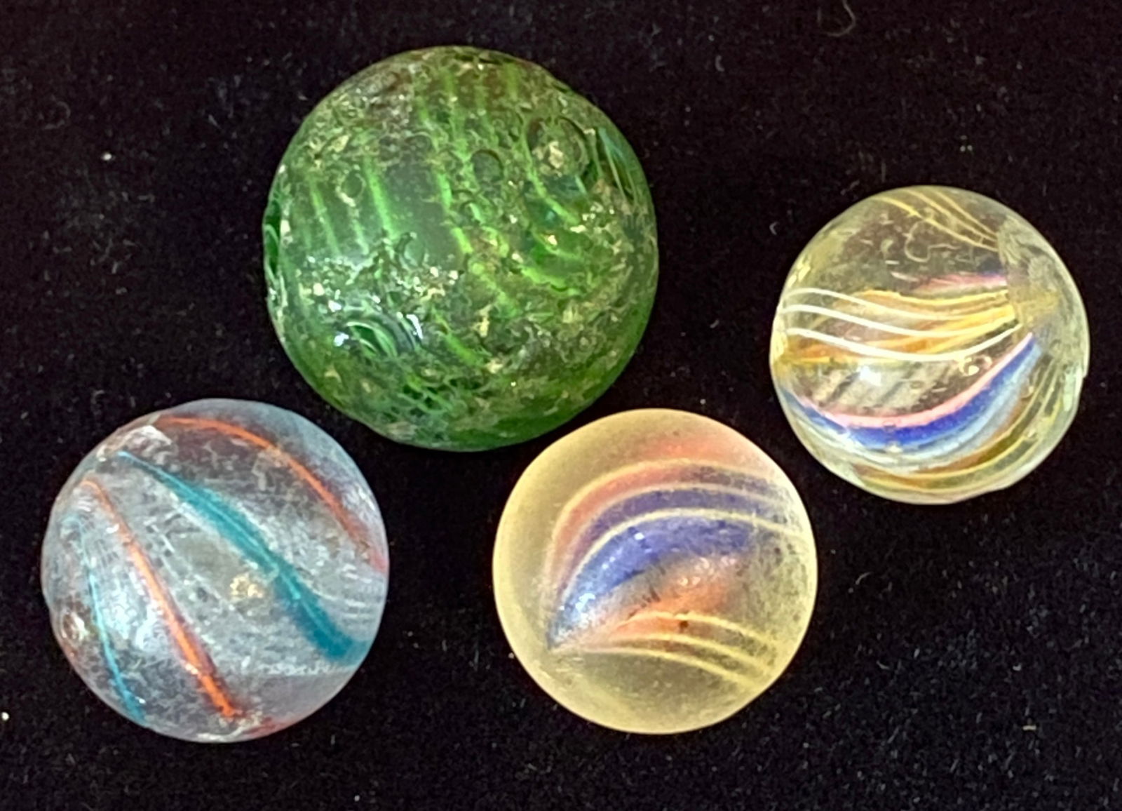 Four Antique German Marbles - Latticinio Core Swirls, Solid Core Swirls, and All Green with Green (1 of 7)