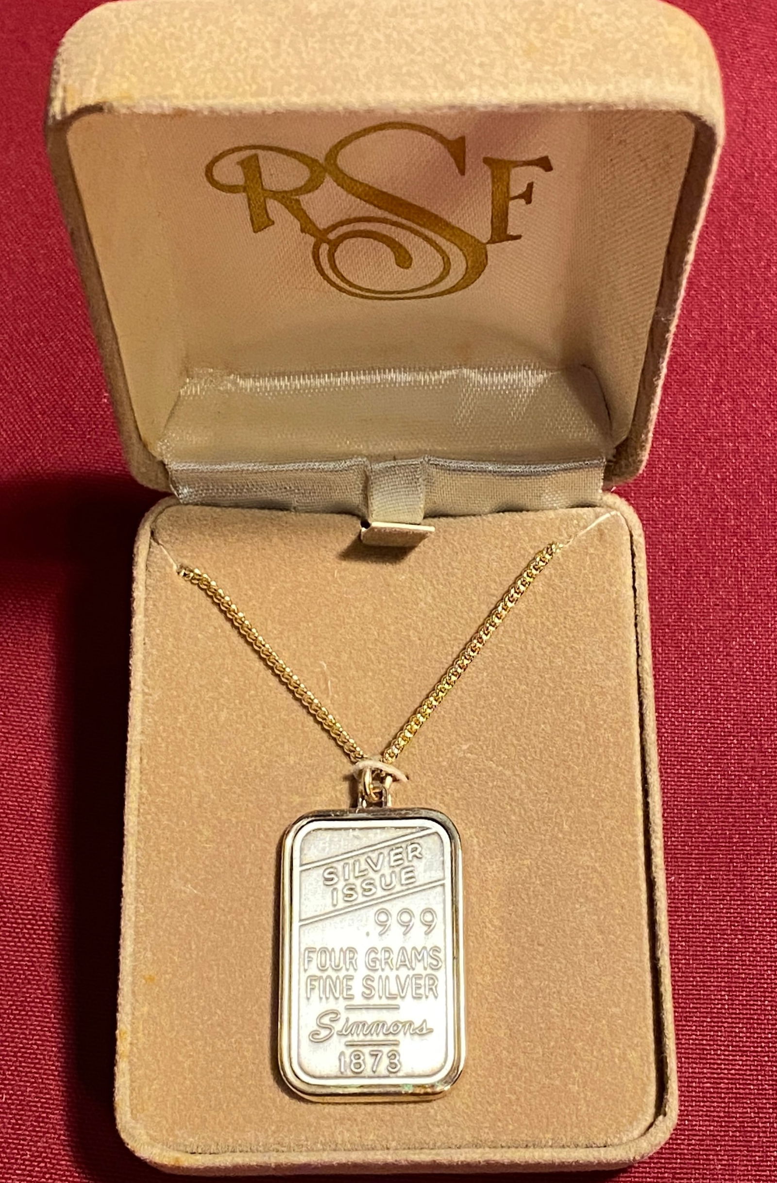Simmon's Silver Issue 4 Grams .999 Fine Silver Bar (1878) on 20" Gold Tone Chain (1 of 2)