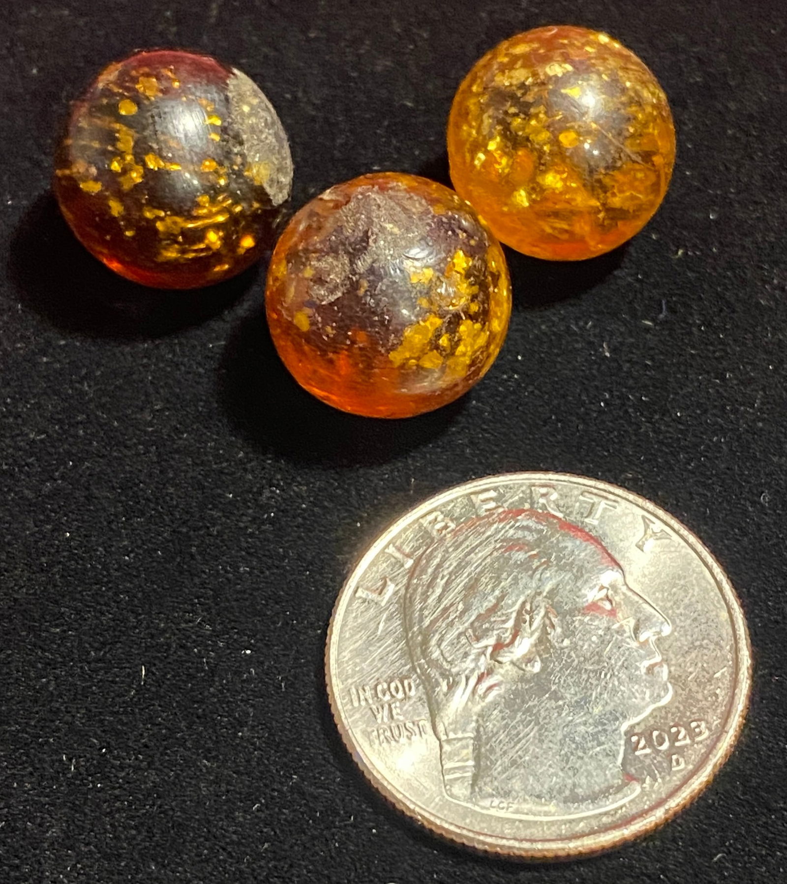 Three Older Mica Glass Marbles - Two Gold Amber & One Deep Brownish Color: Three Older Mica Glass Marbles - Two Gold Amber & One Deep Brownish Color