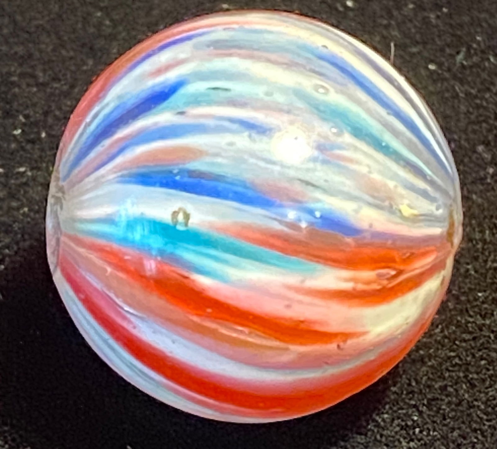 Antique German Onionskin Multi Colored Glass Marble - Primarily Red, White, Blue: Antique German Onionskin Multi Colored Glass Marble - Primarily Red, White, Blue
