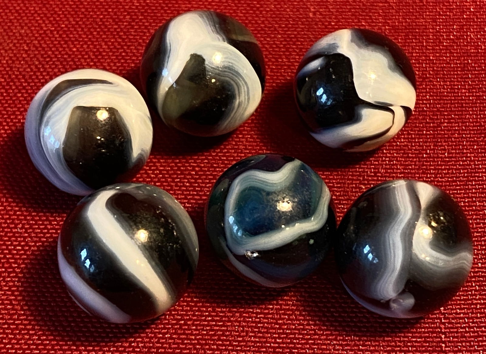 Six Zebra Type Glass Marbles - Black & White (One Blue) - Believed to be Peltier: Six Zebra Type Glass Marbles - Black & White (One Blue) - Believed to be Peltier