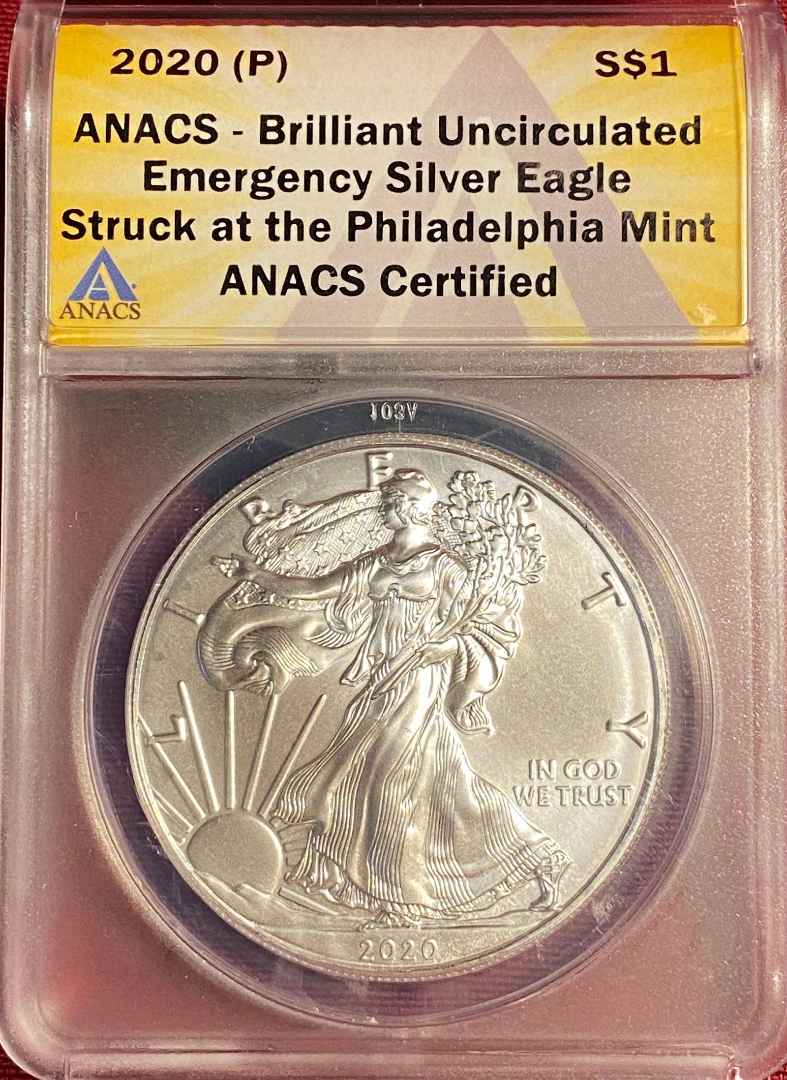 Graded 2020-P One Ounce .999 Fine Silver Eagle - Brilliant Uncirculated by ANACS Certified (1 of 3)