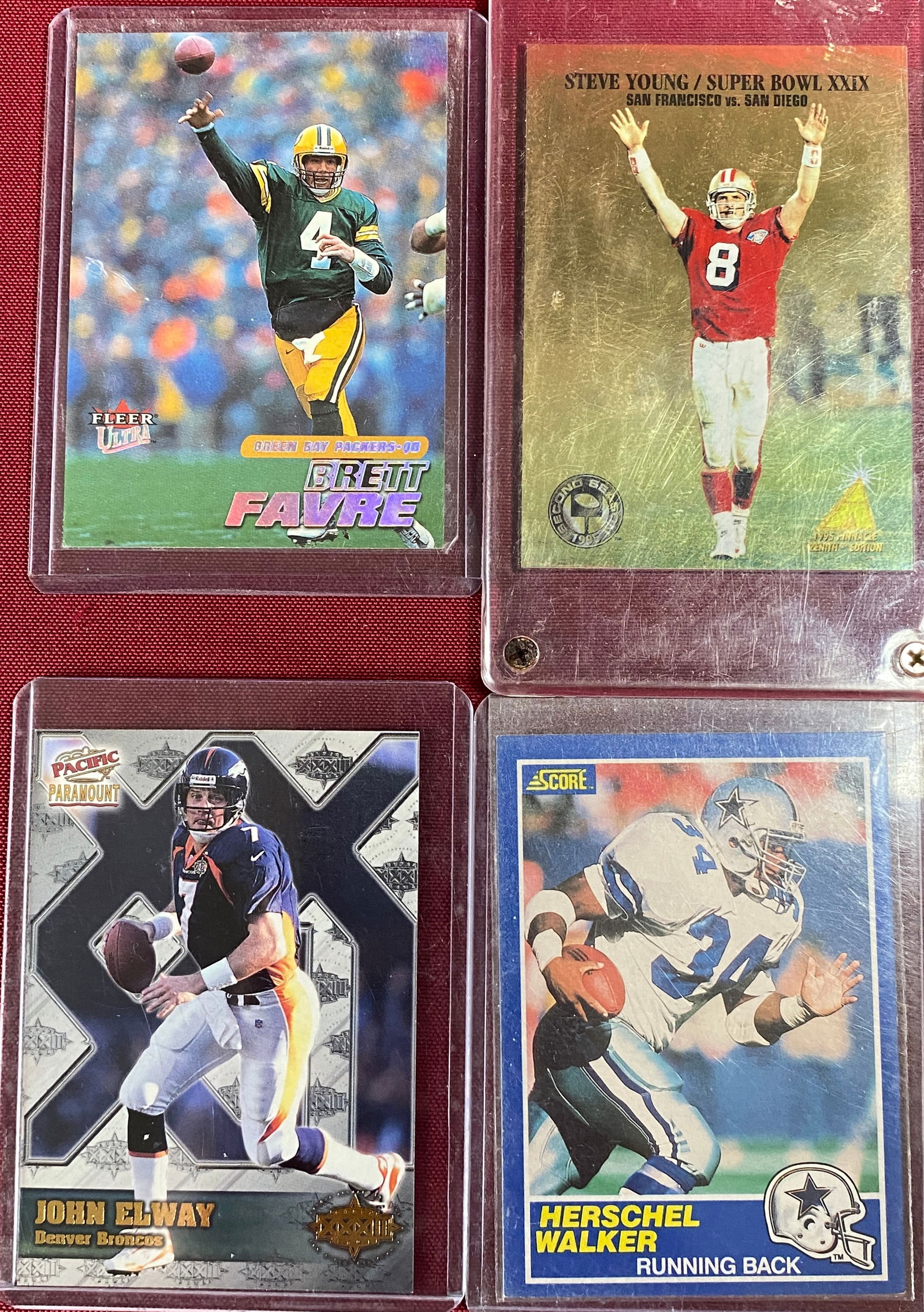 Four Football Cards - 1995 Pinnacle Steve Young Zenith Edition, 2001 Fleer Ultra Brett Farve, 1989 (1 of 4)