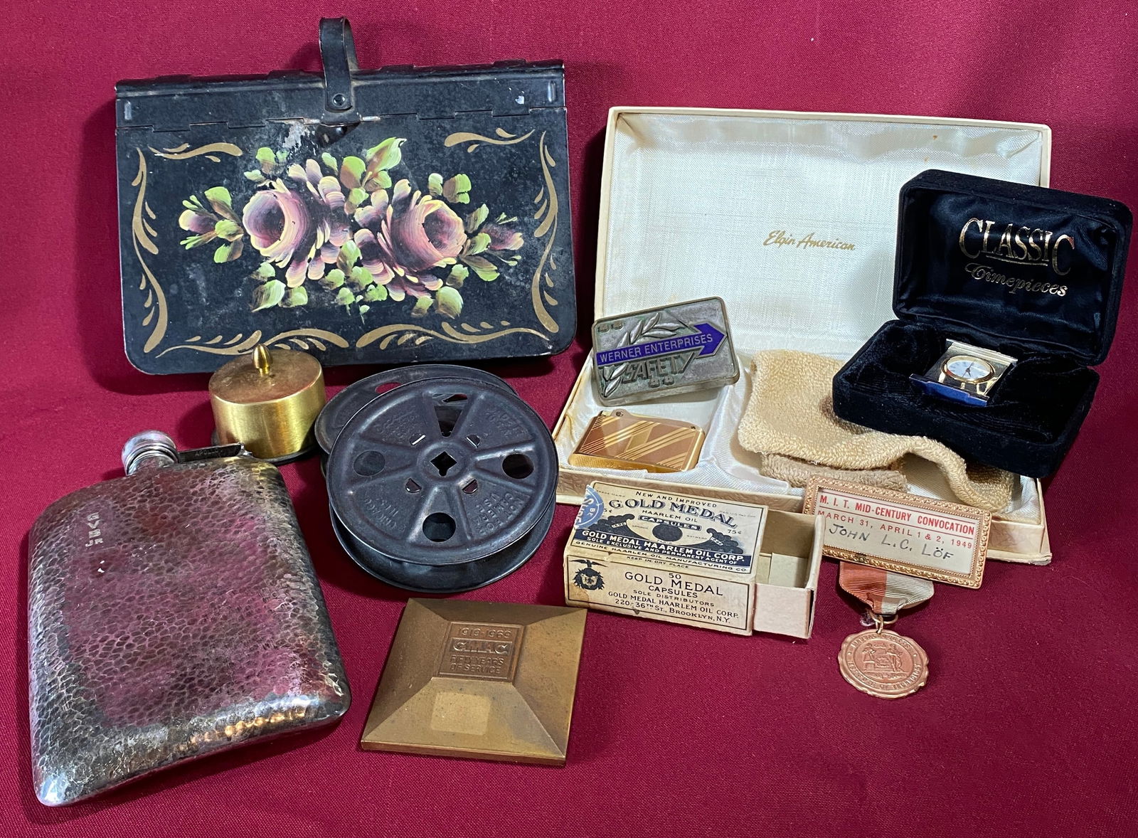 Lot of Miscellaneous Older Items - Flask, Classic Time Piece Clock, Elgin Lighter, Reels, Toleware,: Lot of Miscellaneous Older Items - Flask, Classic Time Piece Clock, Elgin Lighter, Reels, Toleware, Etc.