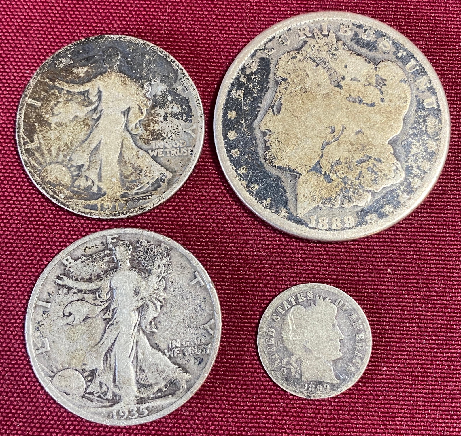 Four Silver Coins - 1889 Morgan Silver Dollar, 1899 Barber Silver Dime, 1917 Walking Liberty Silver (1 of 5)