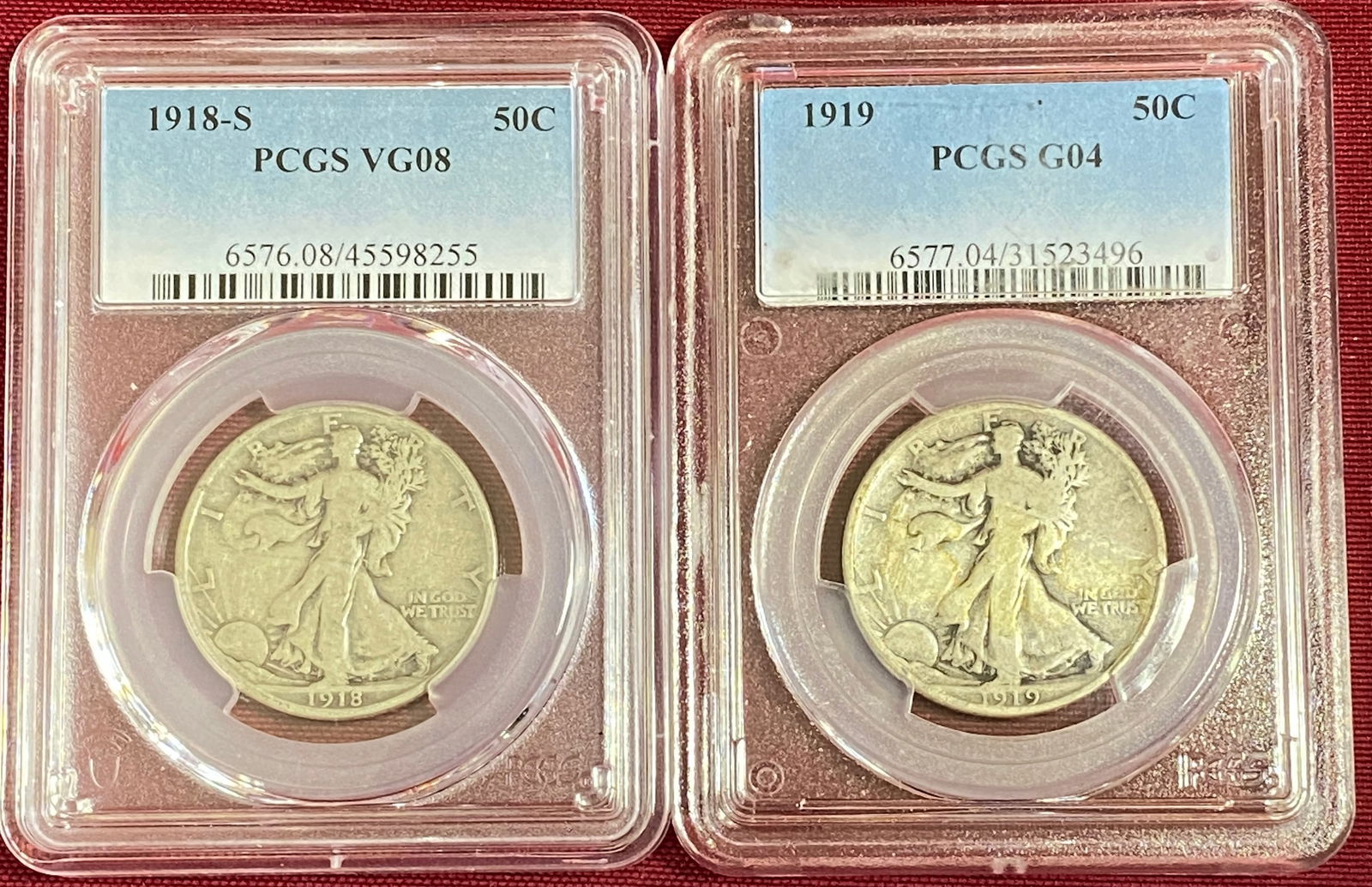 Two PCGS Graded Walking Liberty Silver Half Dollars - 1918-S VG08 & 1919 G04 (1 of 7)