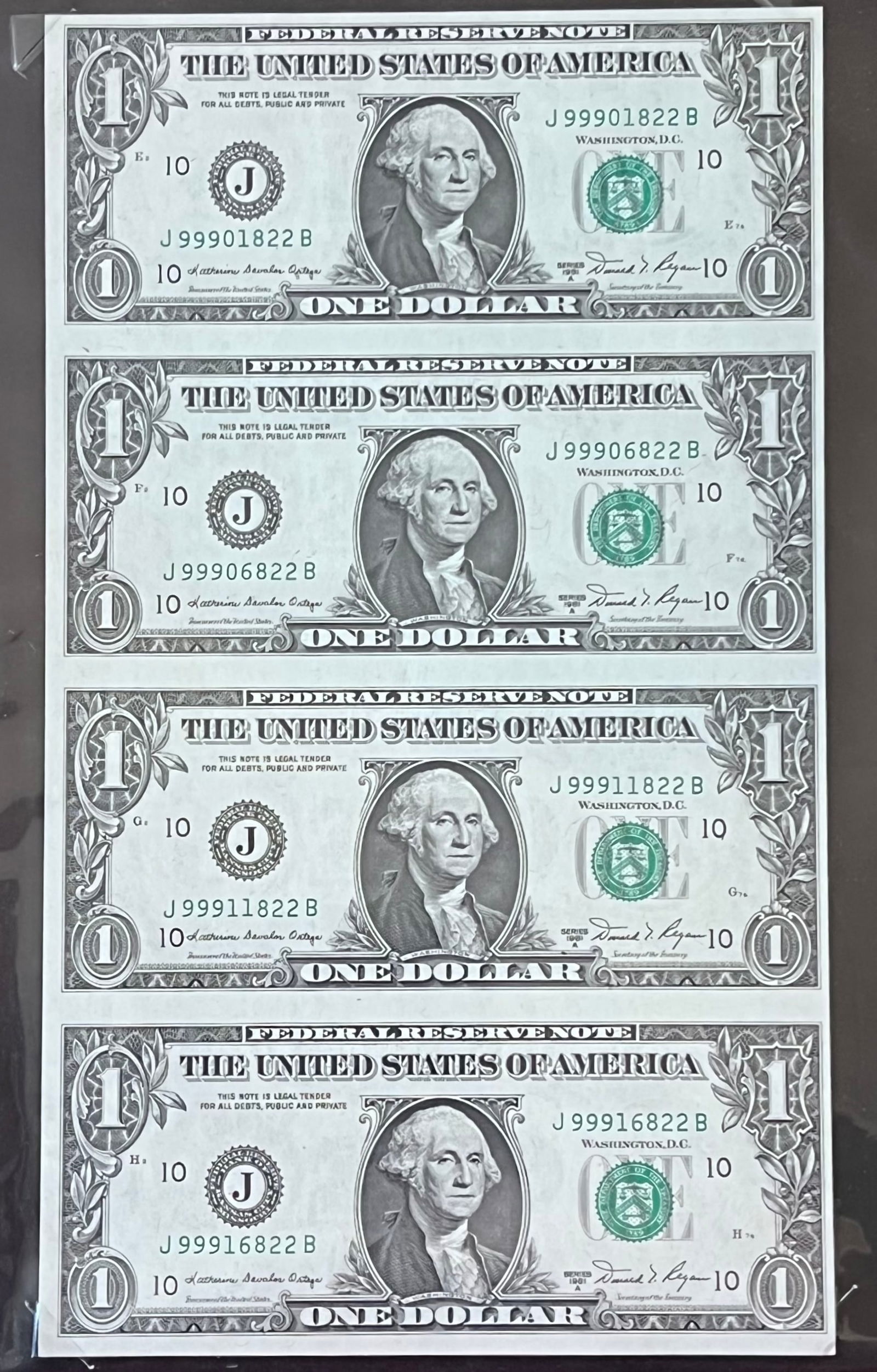 Four Uncut One Dollar Bills - Series 1981A - All Ending in '822': Four Uncut One Dollar Bills - Series 1981A - All Ending in '822'