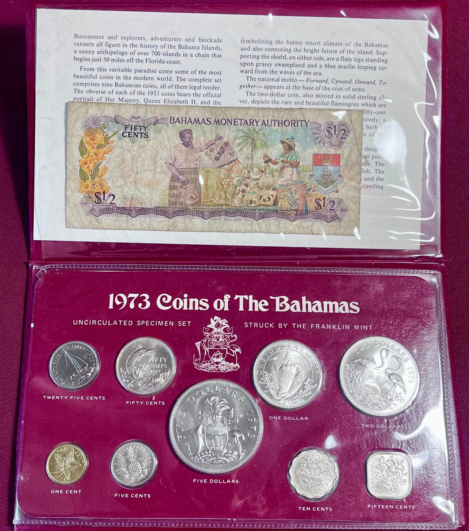 1973 Coins of The Bahamas Uncirculated Silver Specimen Set & Fifty-Cent Fractional Currency Note - (1 of 9)