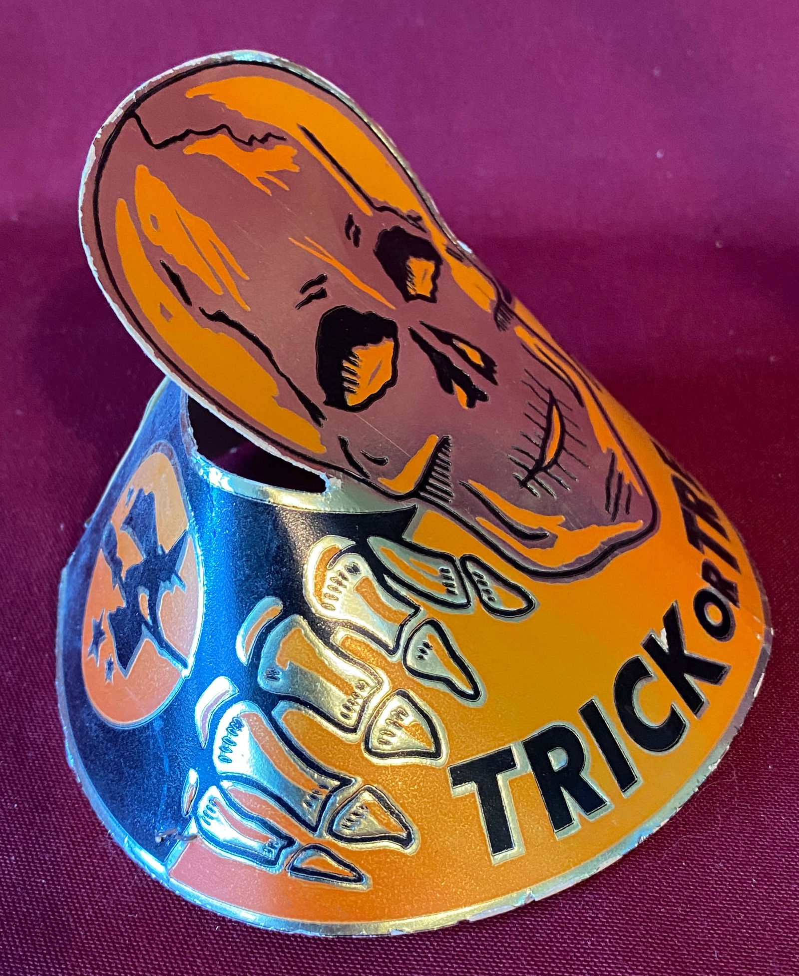 Vintage Halloween Trick-or-Treat Die-Cut Skull, Witch, Bat Party Hat (Missing String) - Approx (1 of 6)