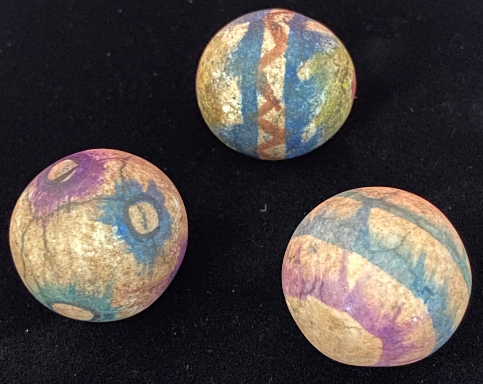 Three Antique Hand-Painted Clay Marbles: Three Antique Hand-Painted Clay Marbles