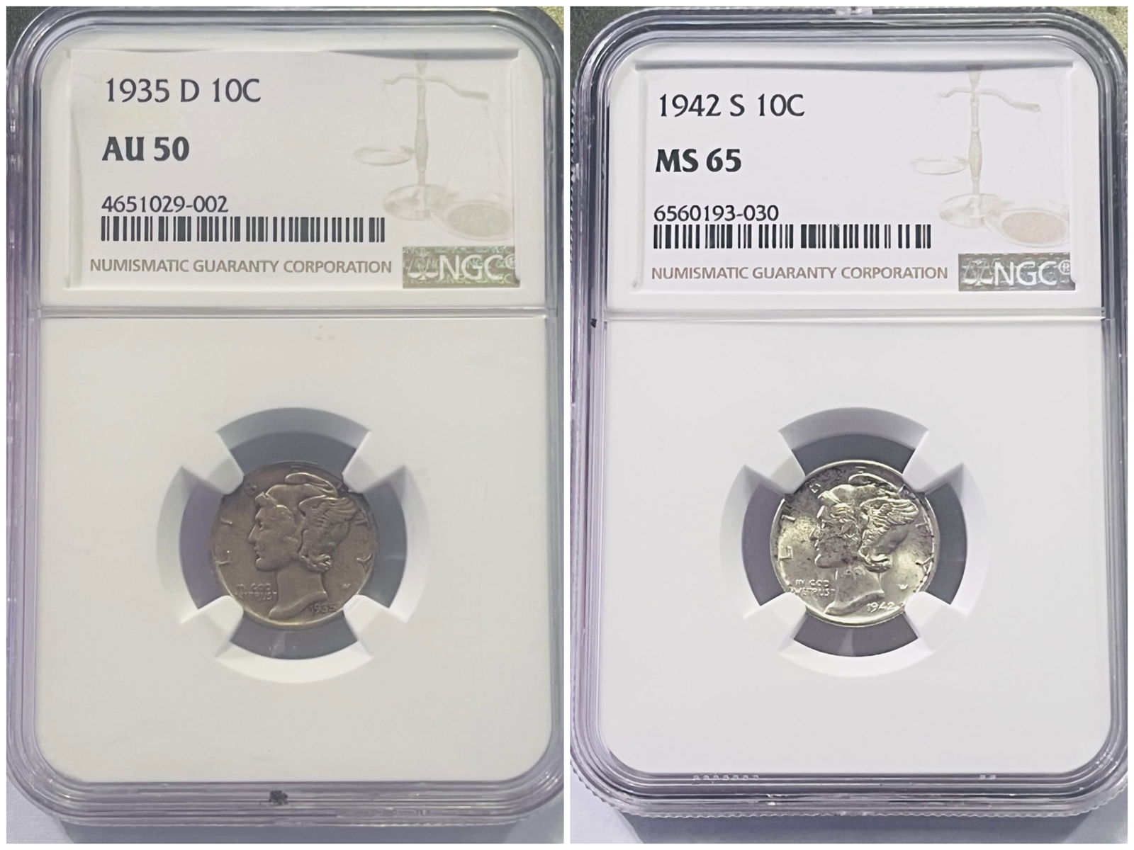 Two NGC Graded Mercury Silver Dimes - 1935-D AU50 & 1942-S MS65 (1 of 3)