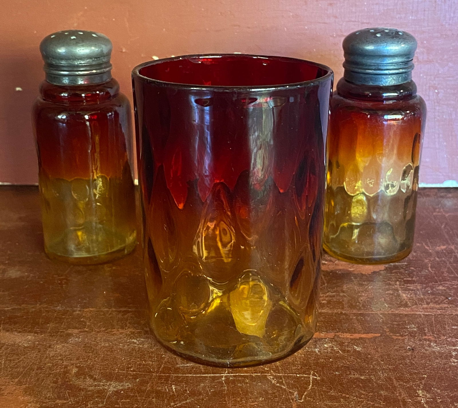 Antique Amberina Diamond Optic Tumbler and Salt & Pepper Shakers: Antique Amberina Diamond Optic Tumbler and Salt & Pepper Shakers