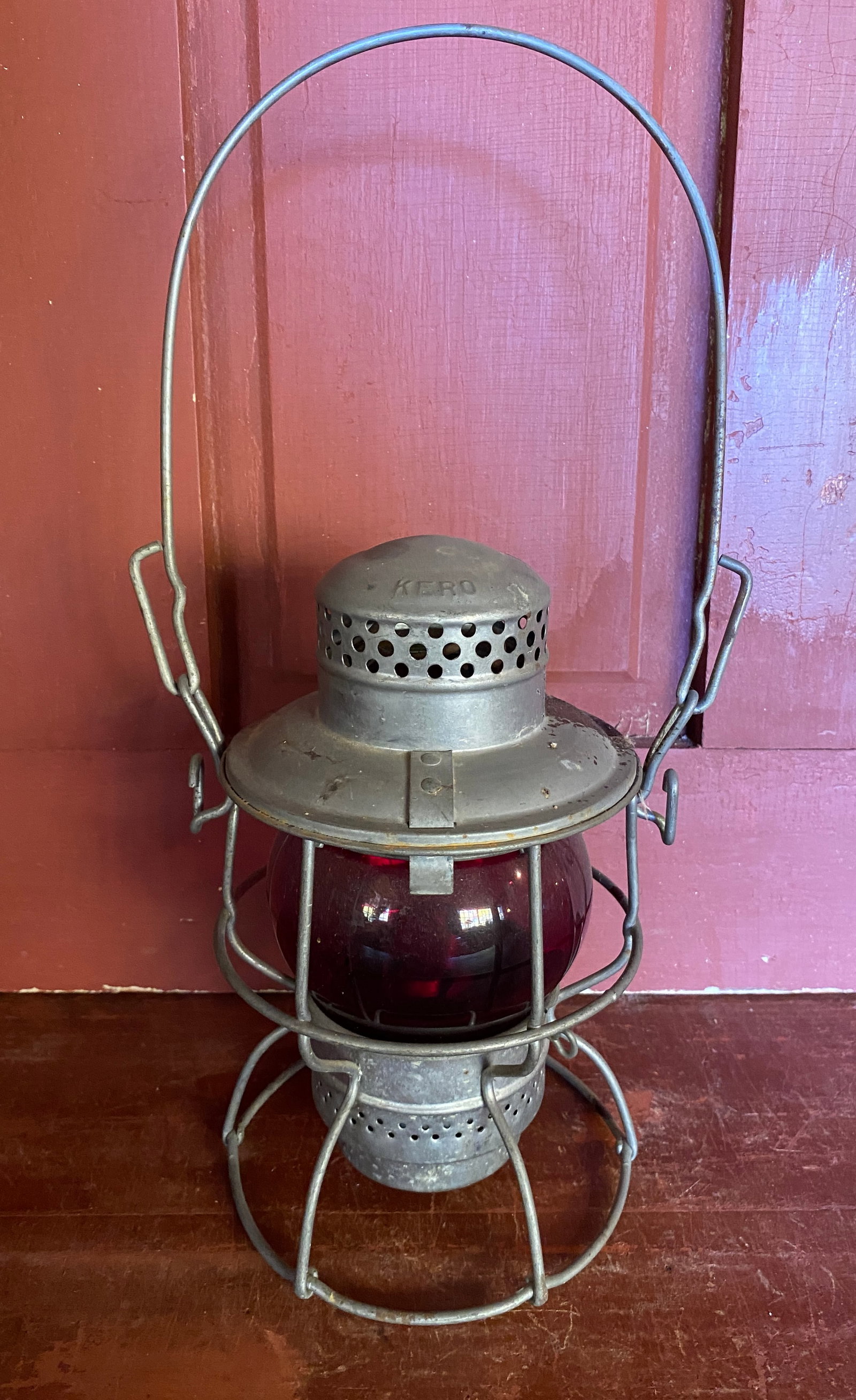 Lantern Adlake Kero Lantern with Red Globe - Hole Drilled in Bottom: Lantern Adlake Kero Lantern with Red Globe - Hole Drilled in Bottom