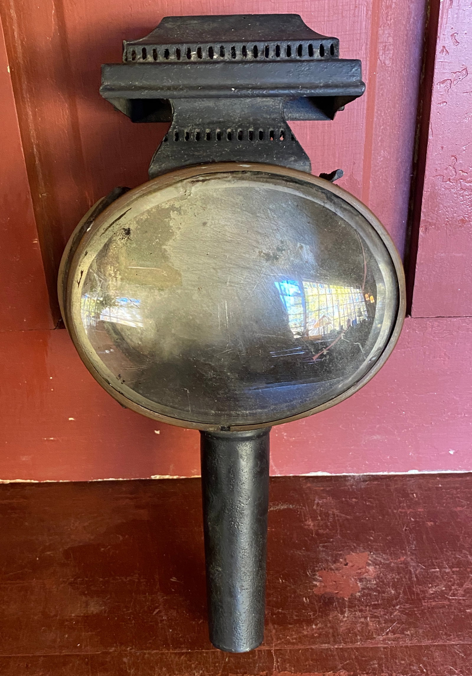 Antique Carriage Lantern with Beveled Glass and Red Bullet: Antique Carriage Lantern with Beveled Glass and Red Bullet