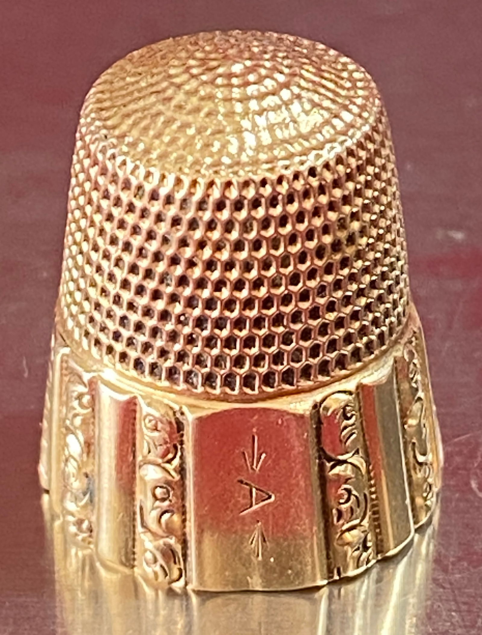 14K Gold Thimble - Simons Bros - Size 9 - Approx 4.45 Grams - Monogrammed with Name and Date(?): 14K Gold Thimble - Simons Bros - Size 9 - Approx 4.45 Grams - Monogrammed with Name and Date(?)