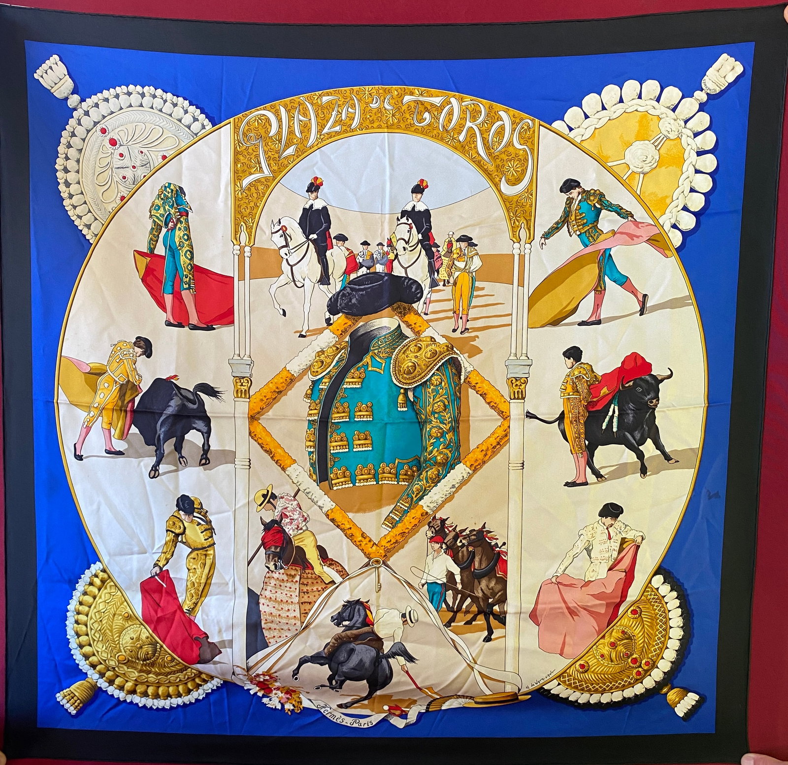 Vintage Hermes Blue 'Plaza de Toros' Silk Scarf - Has Tags - 34"x34" - Minimal Staining in Spots: Vintage Hermes Blue 'Plaza de Toros' Silk Scarf - Has Tags - 34"x34" - Minimal Staining in Spots