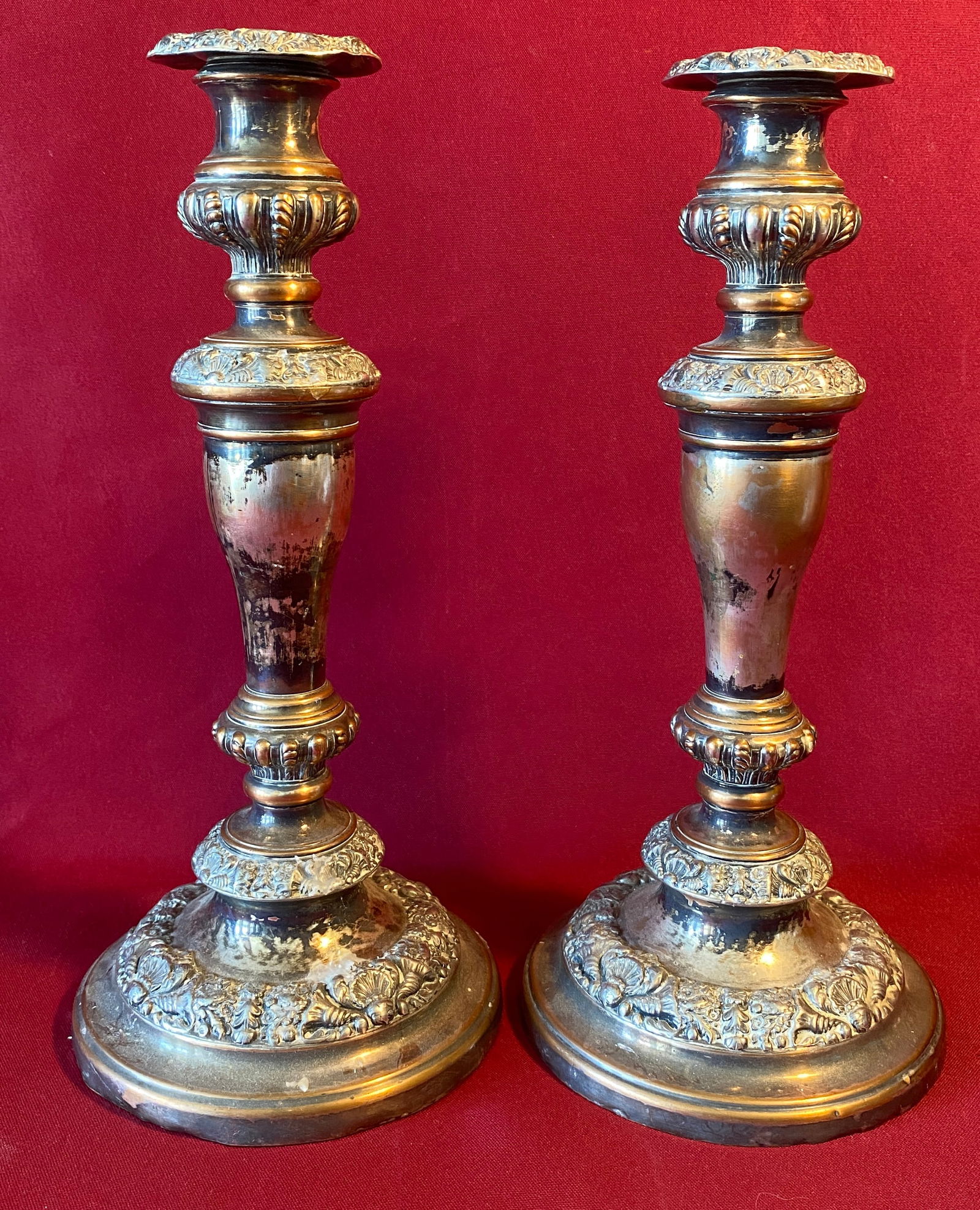 Pair of Antique 19th Century Arts and Crafts Silver-Plate Over Copper Candlesticks - Approx. 12"x6": Pair of Antique 19th Century Arts and Crafts Silver-Plate Over Copper Candlesticks - Approx. 12"x6"