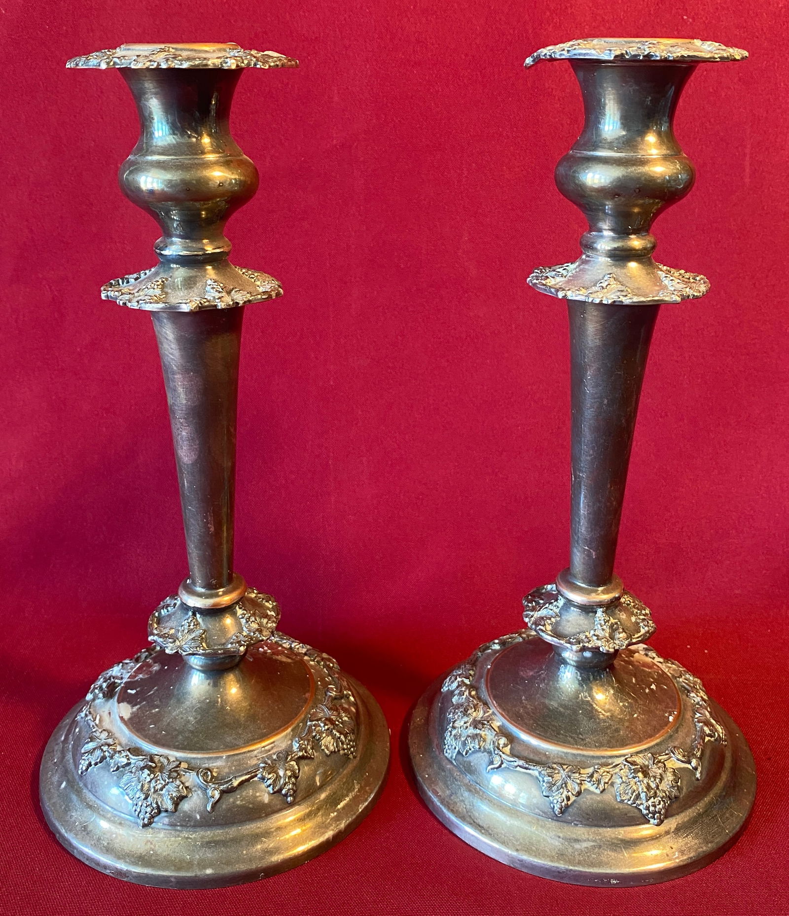Older Silver-Plate Grape & Vine Patterned Candlesticks - Approx 10.5"x5": Older Silver-Plate Grape & Vine Patterned Candlesticks - Approx 10.5"x5"
