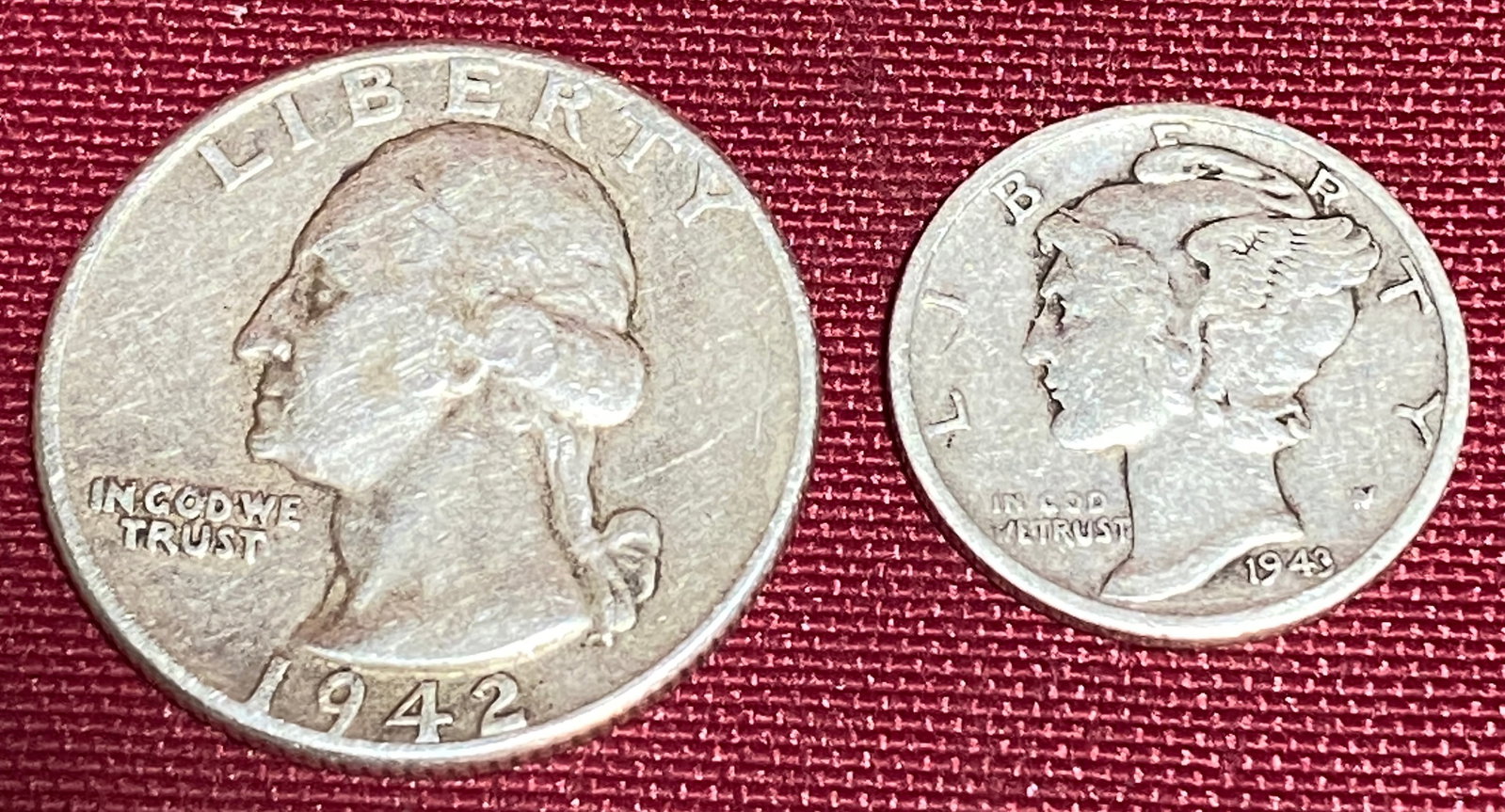 Two Silver Coins - 1942 Washington Quarter & 1943-D Mercury Dime: Two Silver Coins - 1942 Washington Quarter & 1943-D Mercury Dime