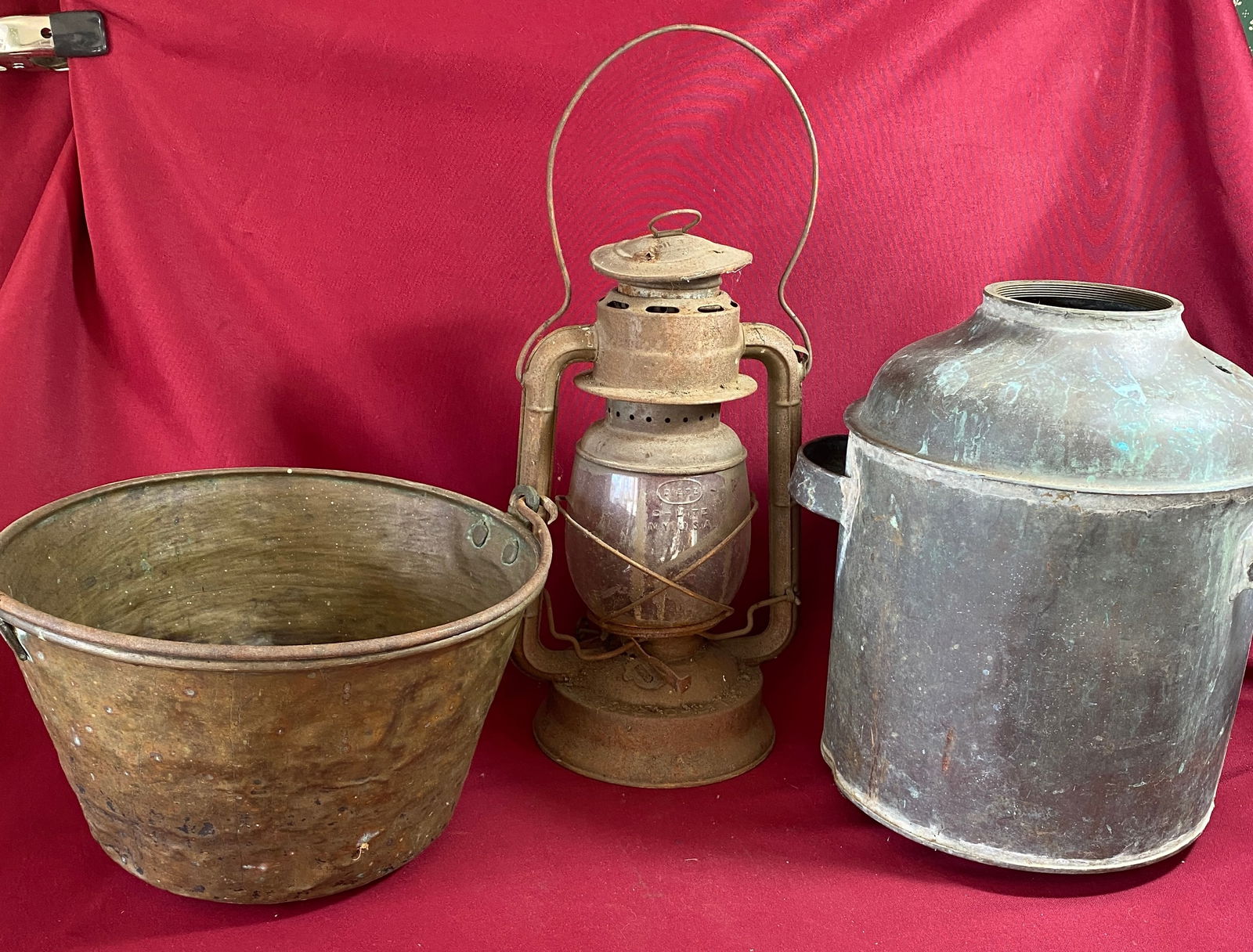 Brass Fire Bucket, Old Oil Lantern, and Copper Can with Handles - Absolutely NO Shipping: Brass Fire Bucket, Old Oil Lantern, and Copper Can with Handles - Absolutely NO Shipping