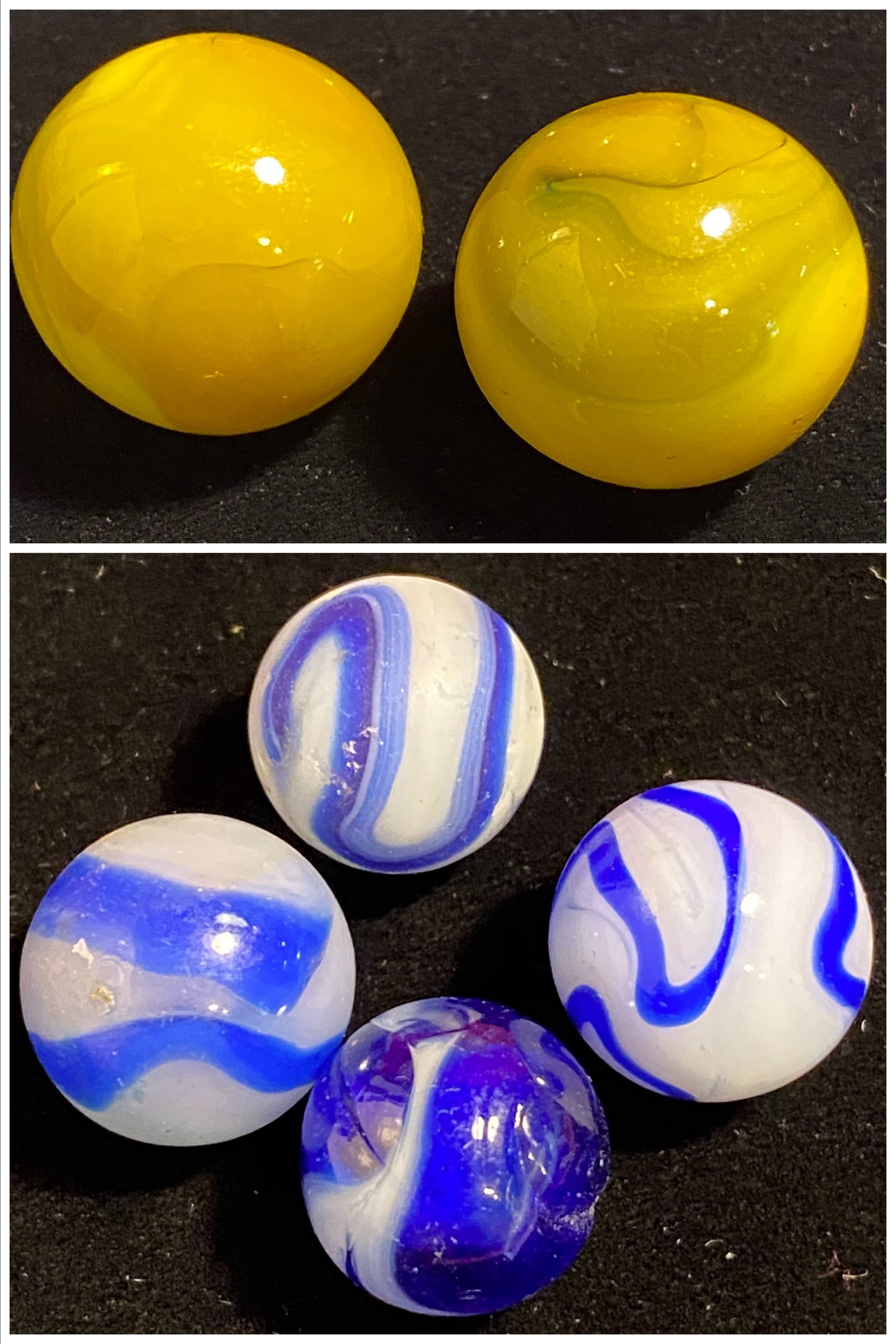 Six Vintage Marbles - (4) Blue & White Marbles & (2) Shooter Sized Vintage Glass Marbles - Believed: Six Vintage Marbles - (4) Blue & White Marbles & (2) Shooter Sized Vintage Glass Marbles - Believed to Include, Ravenwood, Alley Agate, Peltier Type