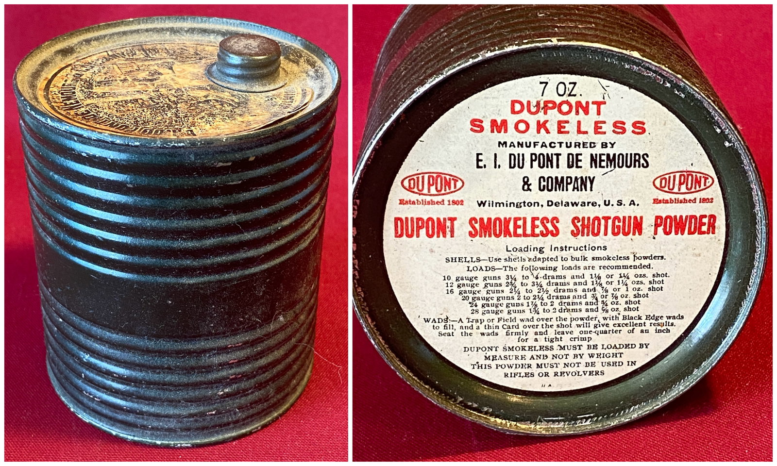 Early Paper Label Dupont Smokeless Gunpowder Advertising Tin: Early Paper Label Dupont Smokeless Gunpowder Advertising Tin