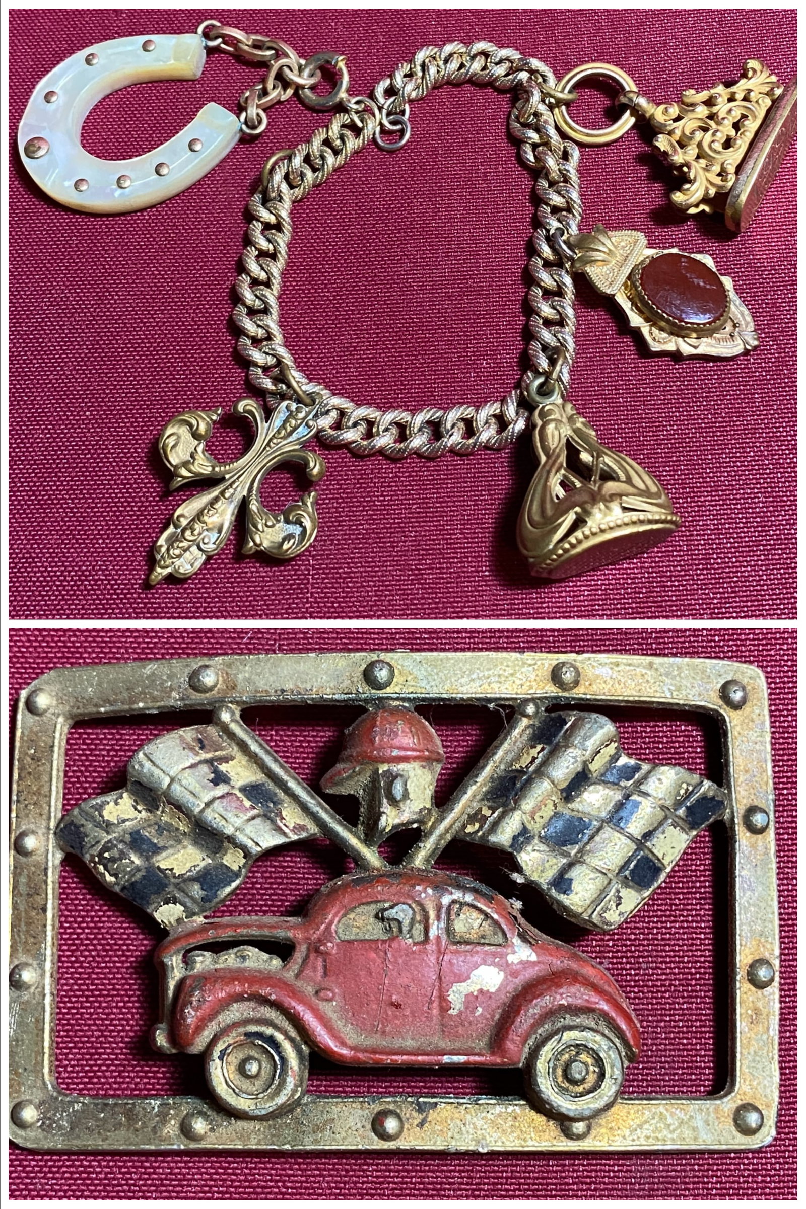 Vintage Racing Belt Buckle & Charm Bracelet with Assorted Charms - Approx 7.5": Vintage Racing Belt Buckle & Charm Bracelet with Assorted Charms - Approx 7.5"