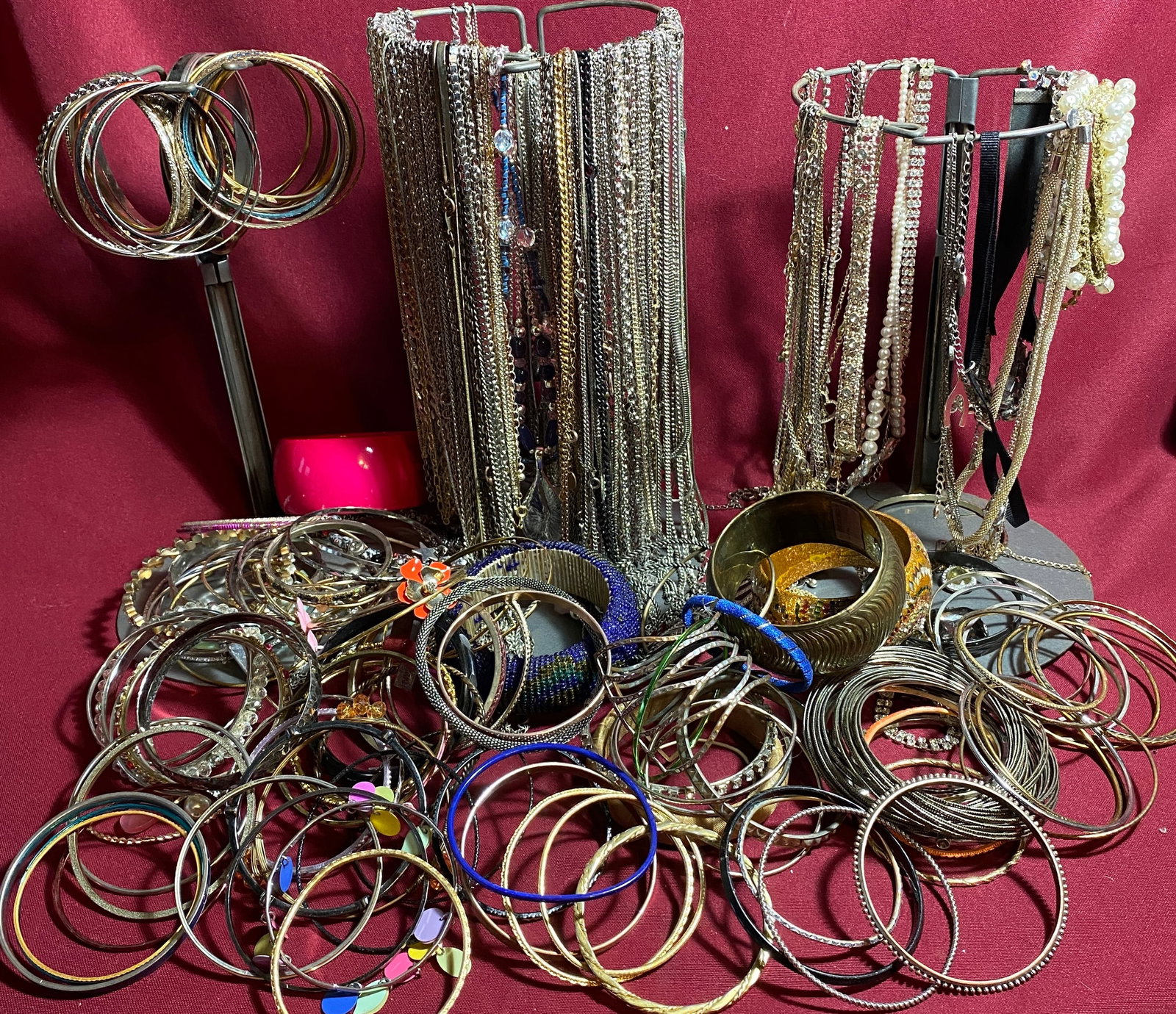 Lot of Vintage and Costume Jewelry with Three Display Stands - Bangles, Chains, Etc.: Lot of Vintage and Costume Jewelry with Three Display Stands - Bangles, Chains, Etc.