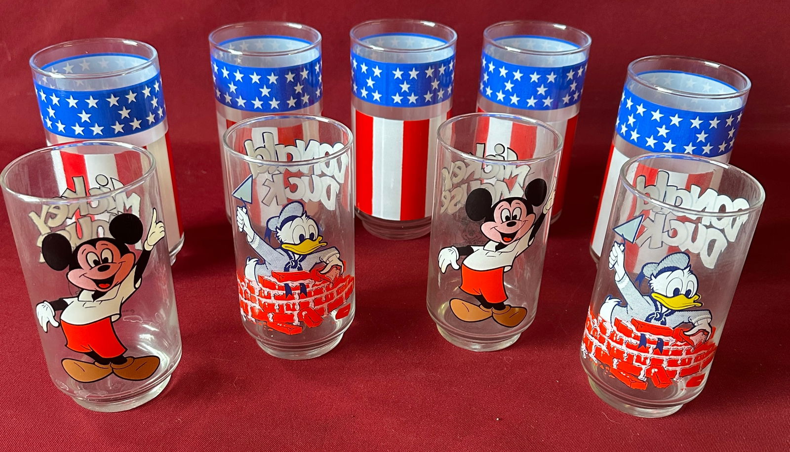 Vintage 5" Tall Drink Glasses - Mickey Mouse, Donald Duck, American Flag (1 of 5)