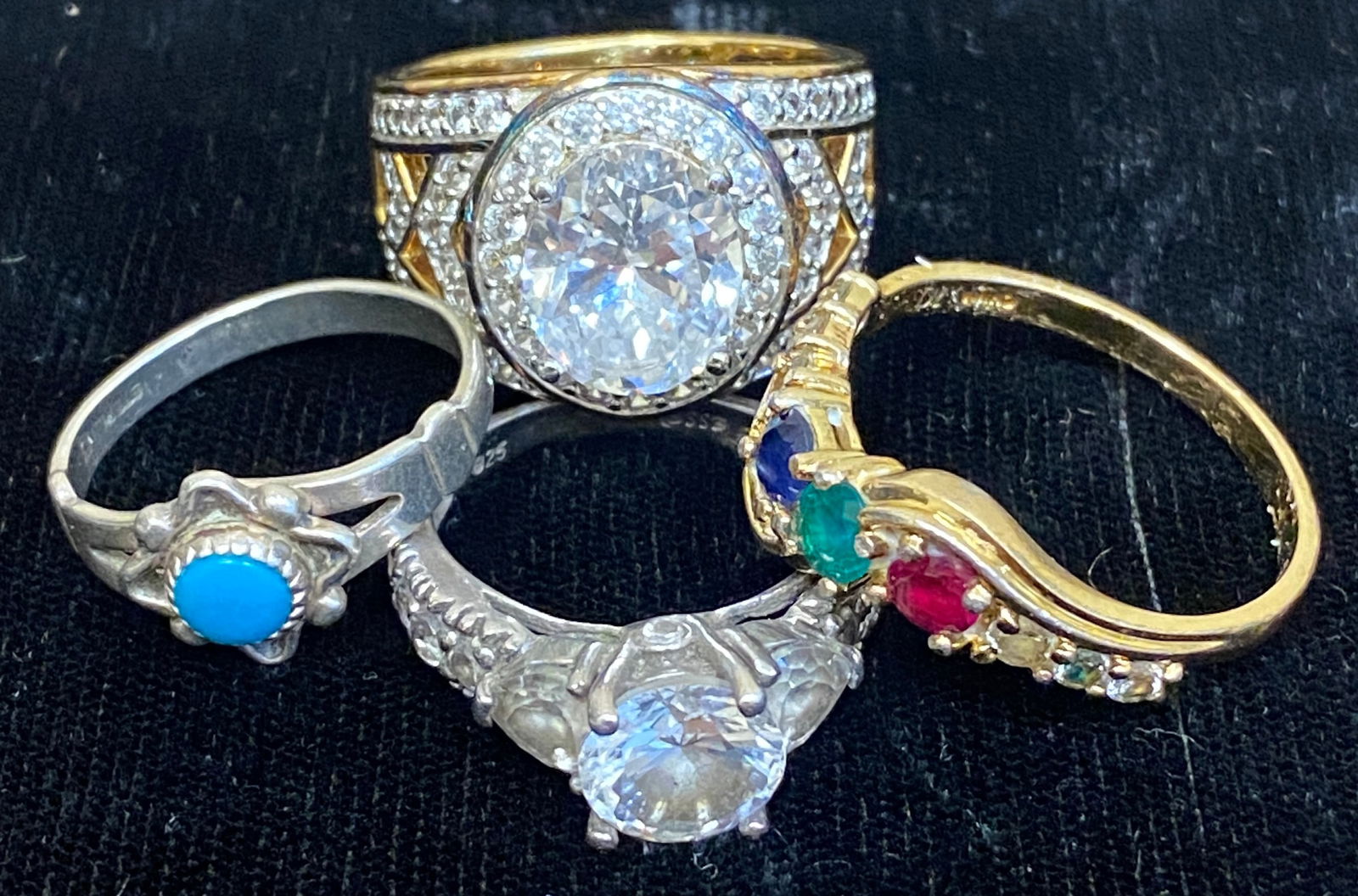 Four Sterling Silver Rings - Mother's Ring, Cocktail, Etc. - Sizes in Pictures: Four Sterling Silver Rings - Mother's Ring, Cocktail, Etc. - Sizes in Pictures