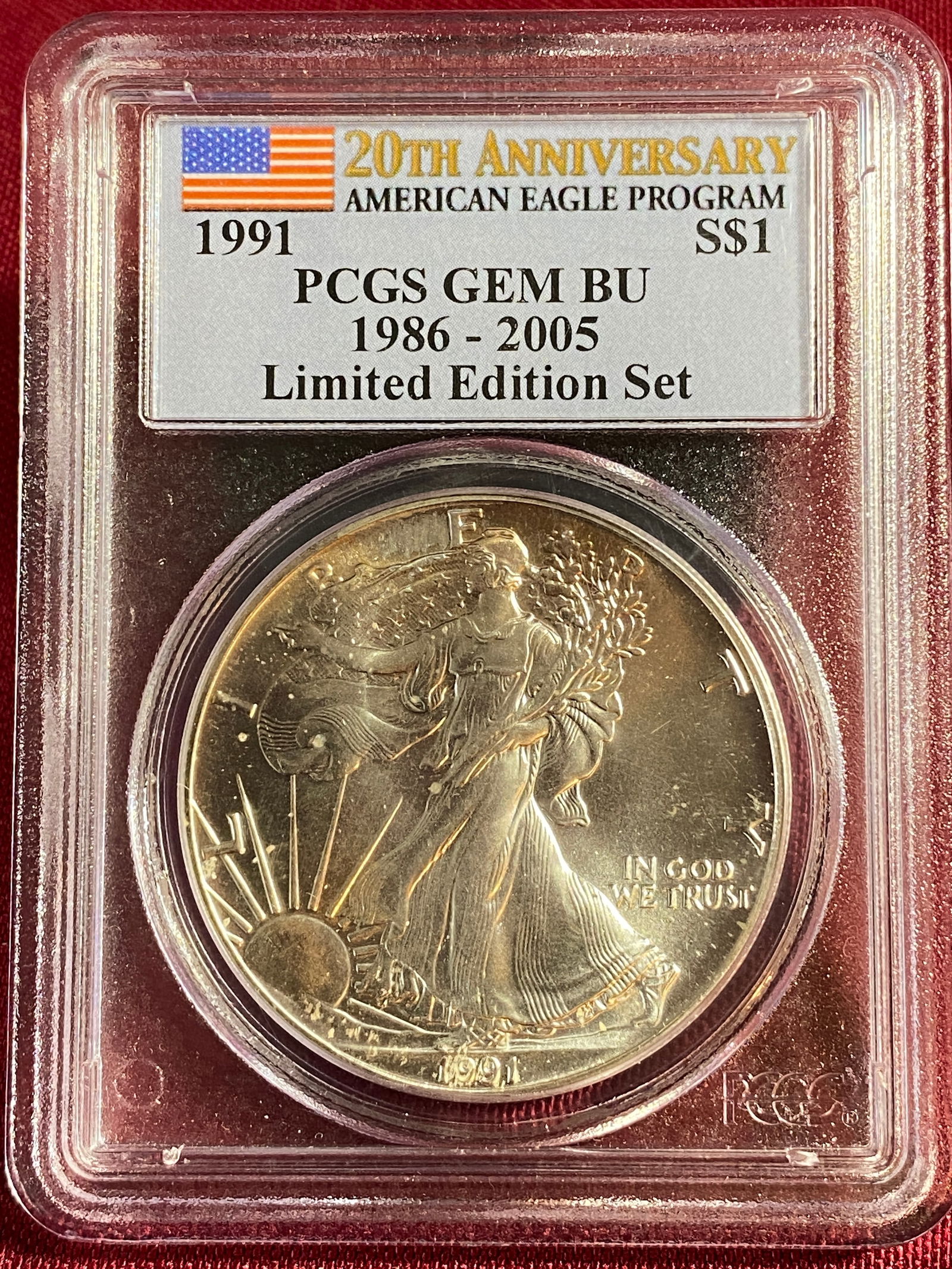 Graded 1991 One Ounce .999 Fine Silver Eagle - 20th Anniversary - Gem BU by PCGS (1 of 3)