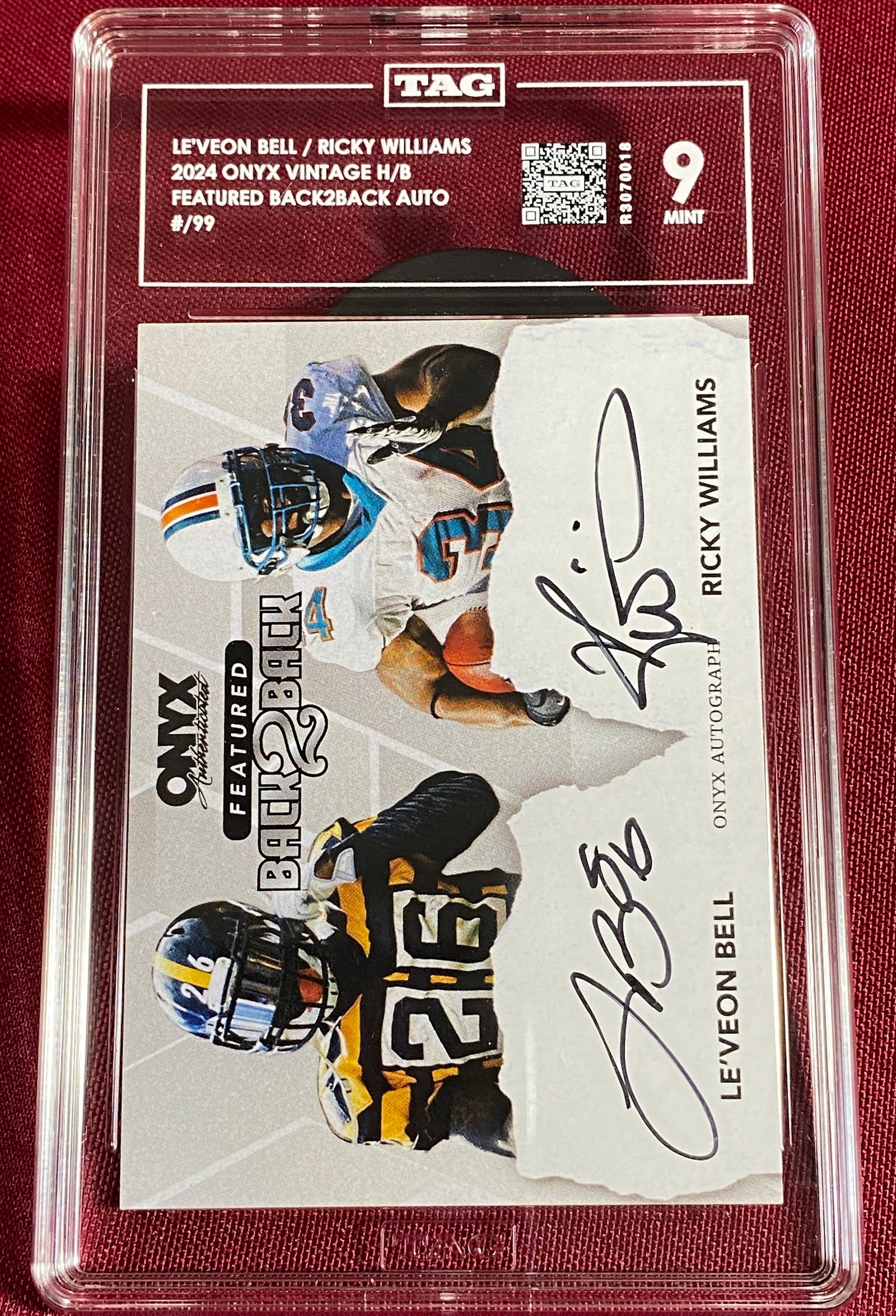 Graded 2024 Onyx Vintage H/B Leveon Bell/Ricky Williams - Featured Back2Back Autograph Card #/199 -: Graded 2024 Onyx Vintage H/B Leveon Bell/Ricky Williams - Featured Back2Back Autograph Card #/199 - Mint 9 by TAG